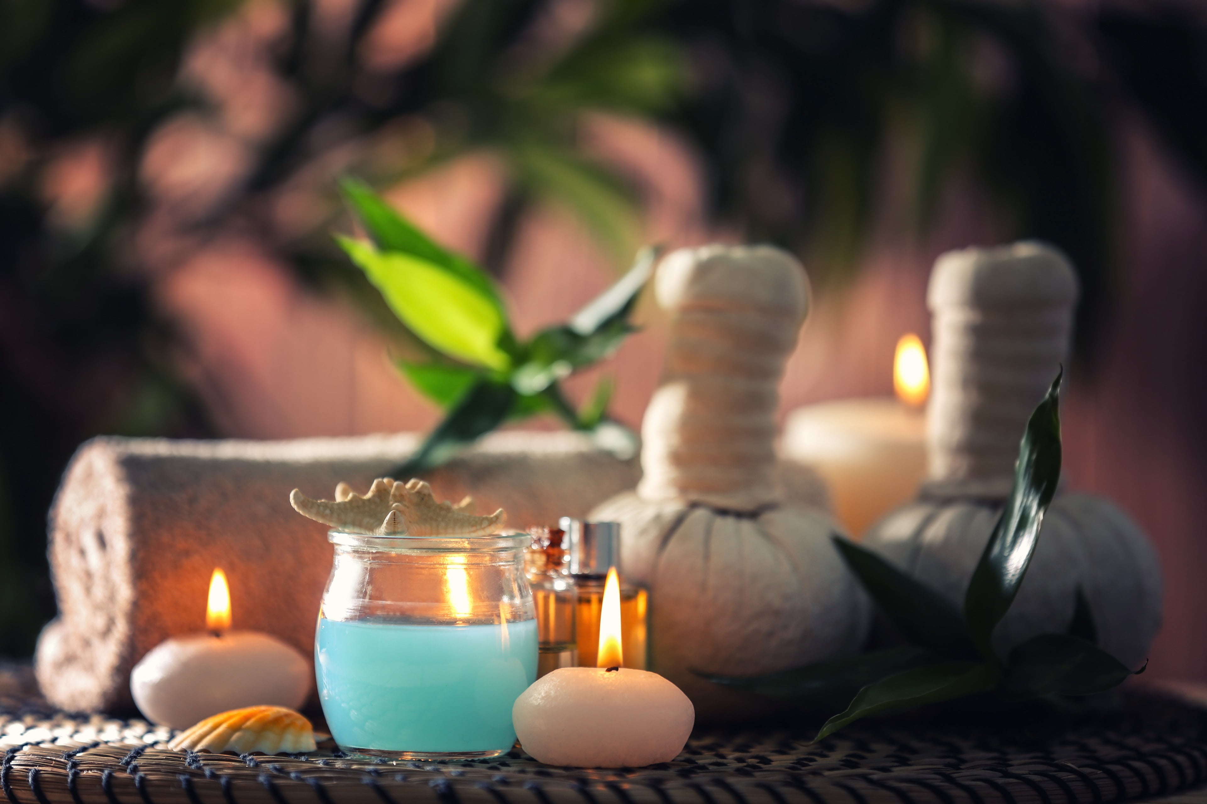 glass, healthy lifestyle, fire, spa 4k super, tea light, flame, heat - temperature, plant, container, leaf, therapy, herb, 4K, candle, selective focus, HD Wallpaper