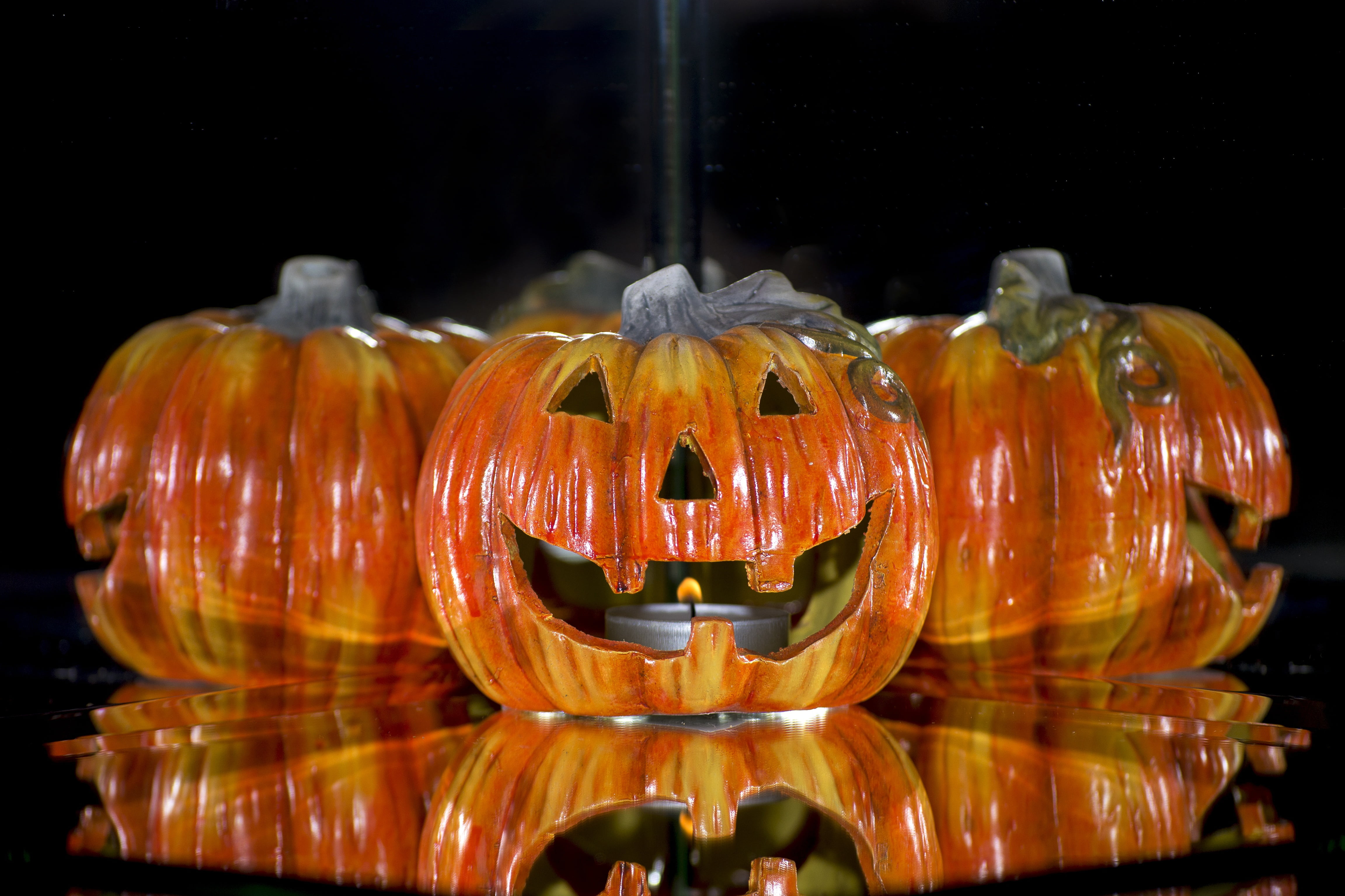healthy eating, close-up, creepy, 4K, style, vegetable, autumn decoration, orange, golden autumn pumpkins, indoors, weird, no people, jack o lantern, illuminated, HD Wallpaper