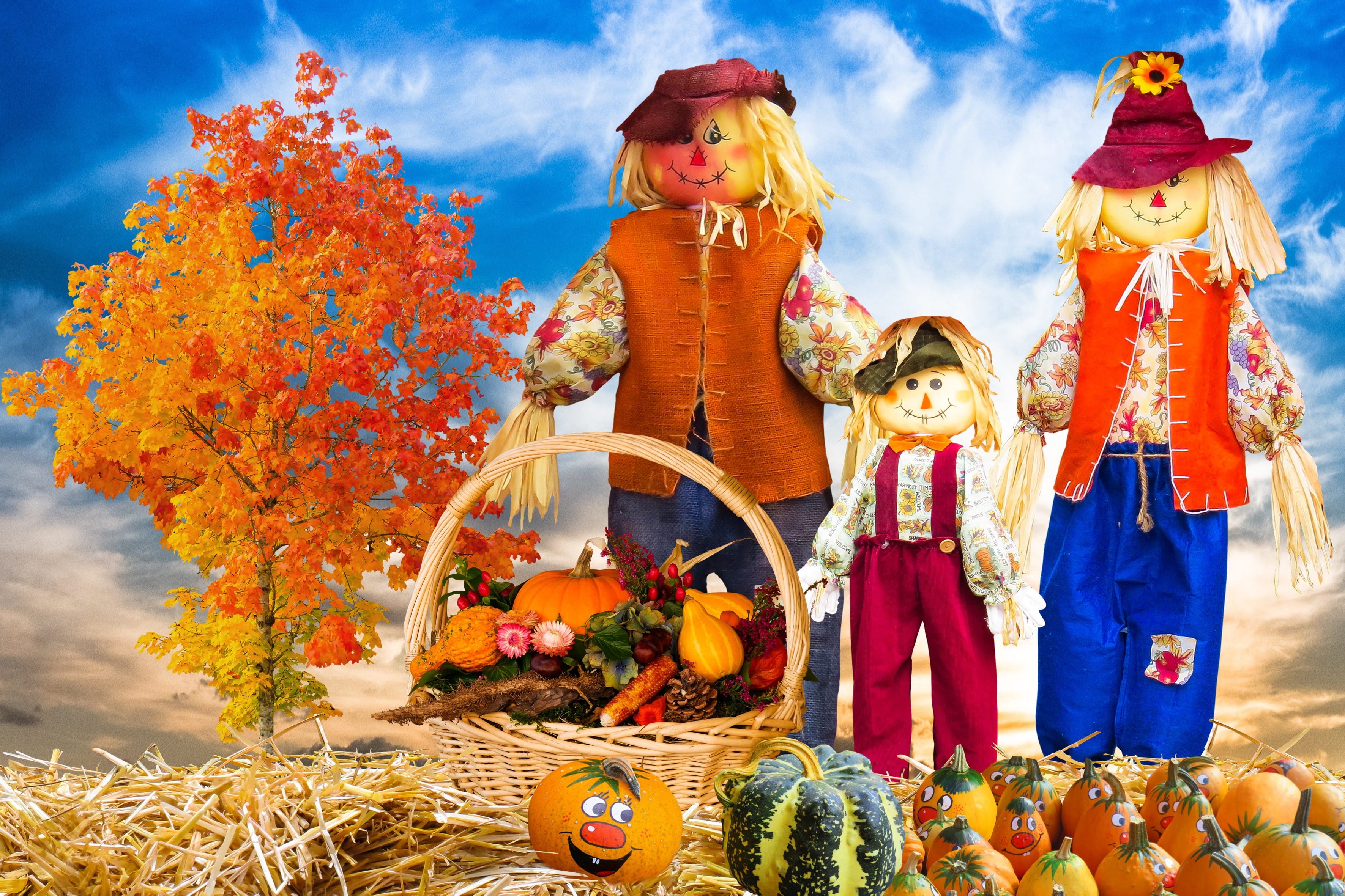 cap, representation, offspring, pumpkins, straw dolls, childhood, basket, straw bales, 2K, dolls, art and craft, autumn motive, family, halloween, gourd, HD Wallpaper
