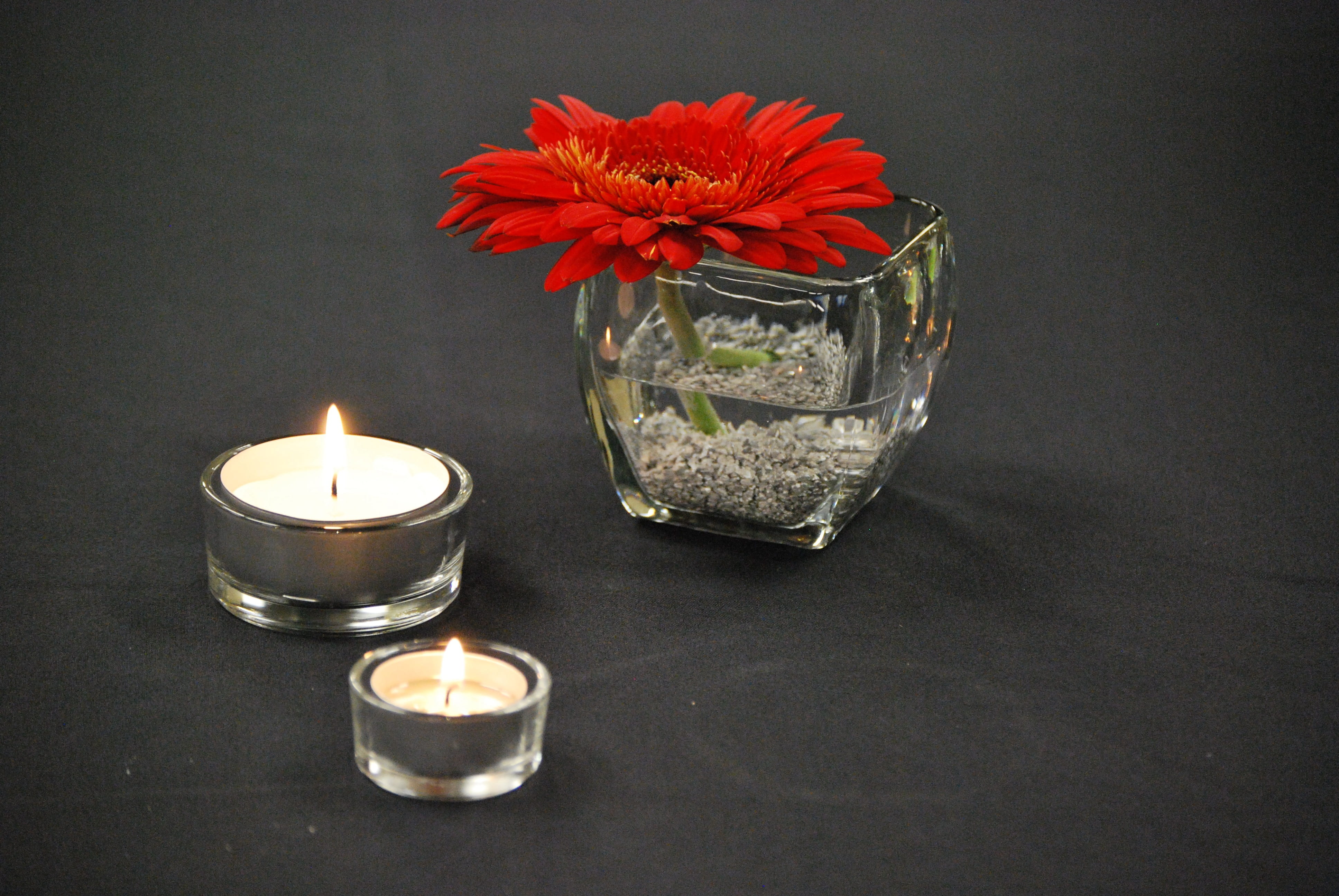 indoors, glass - material, fire - natural phenomenon, flower, bloom, candle, beauty in nature, no people, burn, blossom, 4K, table, tea light, flower head, HD Wallpaper