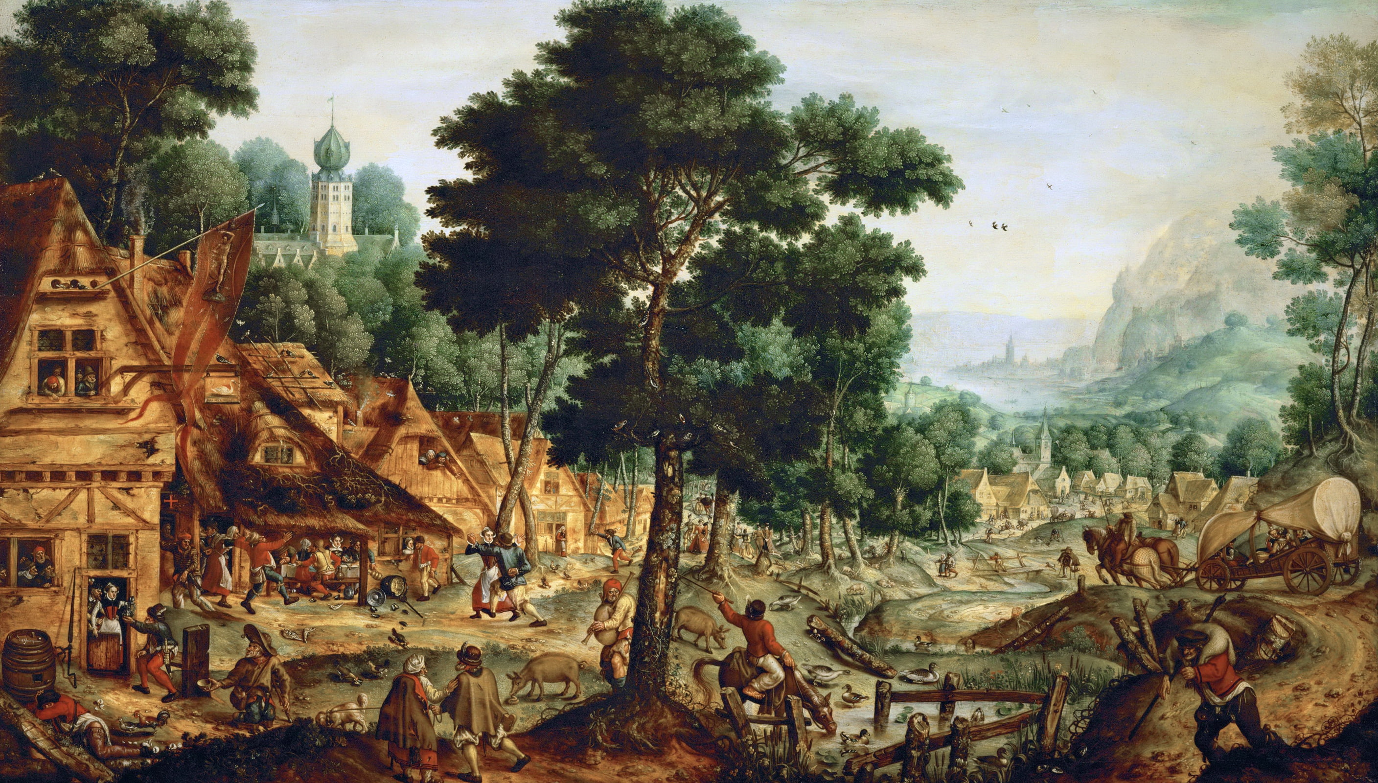 village, picture, 2K, Life in a Flemish Village, Hans Bol, people, genre, HD Wallpaper