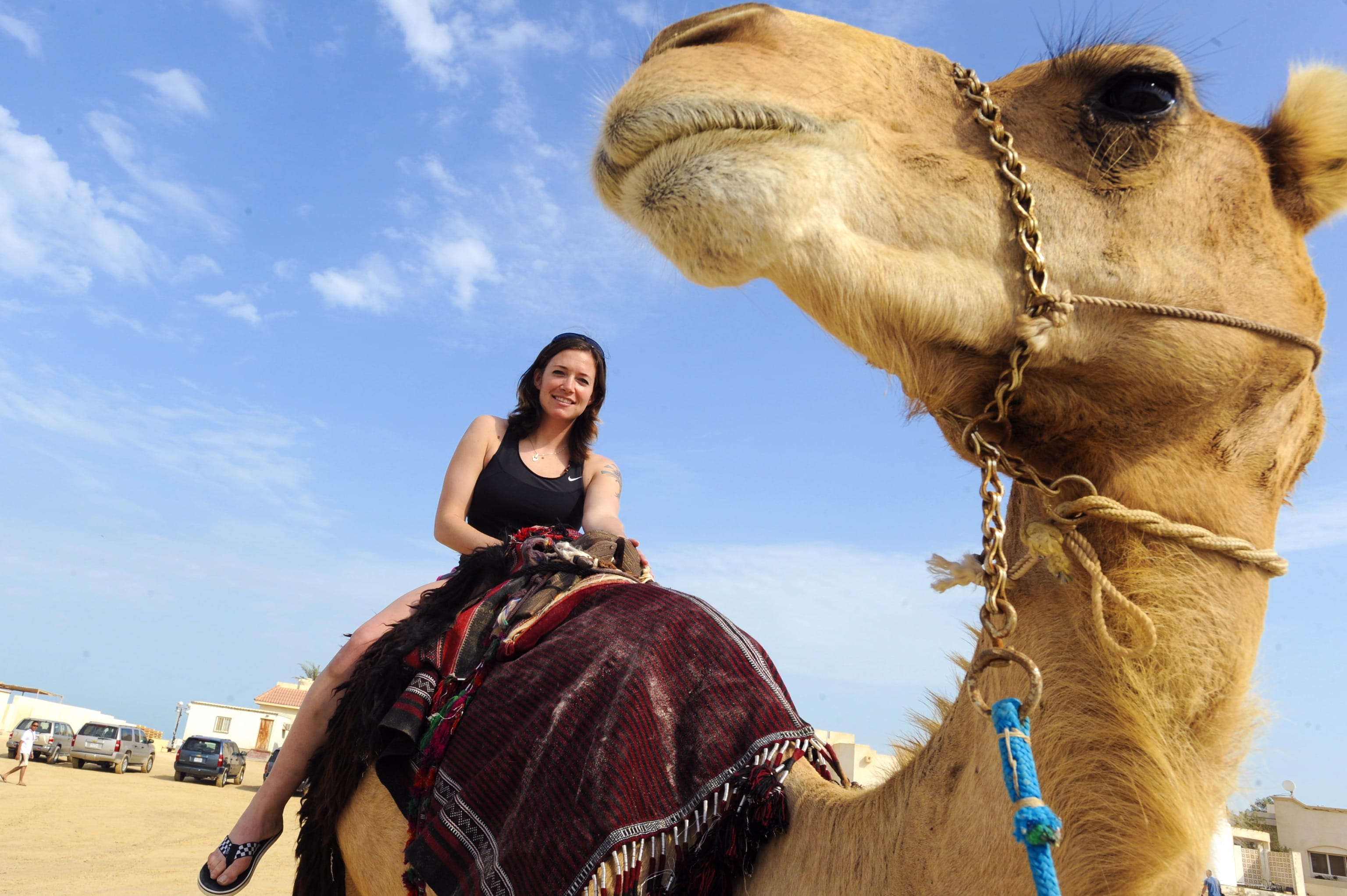 domestic, one animal, transportation, Camel, hair, animal wildlife, tourism, daytime, travel, working animal, mammal, Woman, outside, clouds, women, animals And Pets, HD Wallpaper