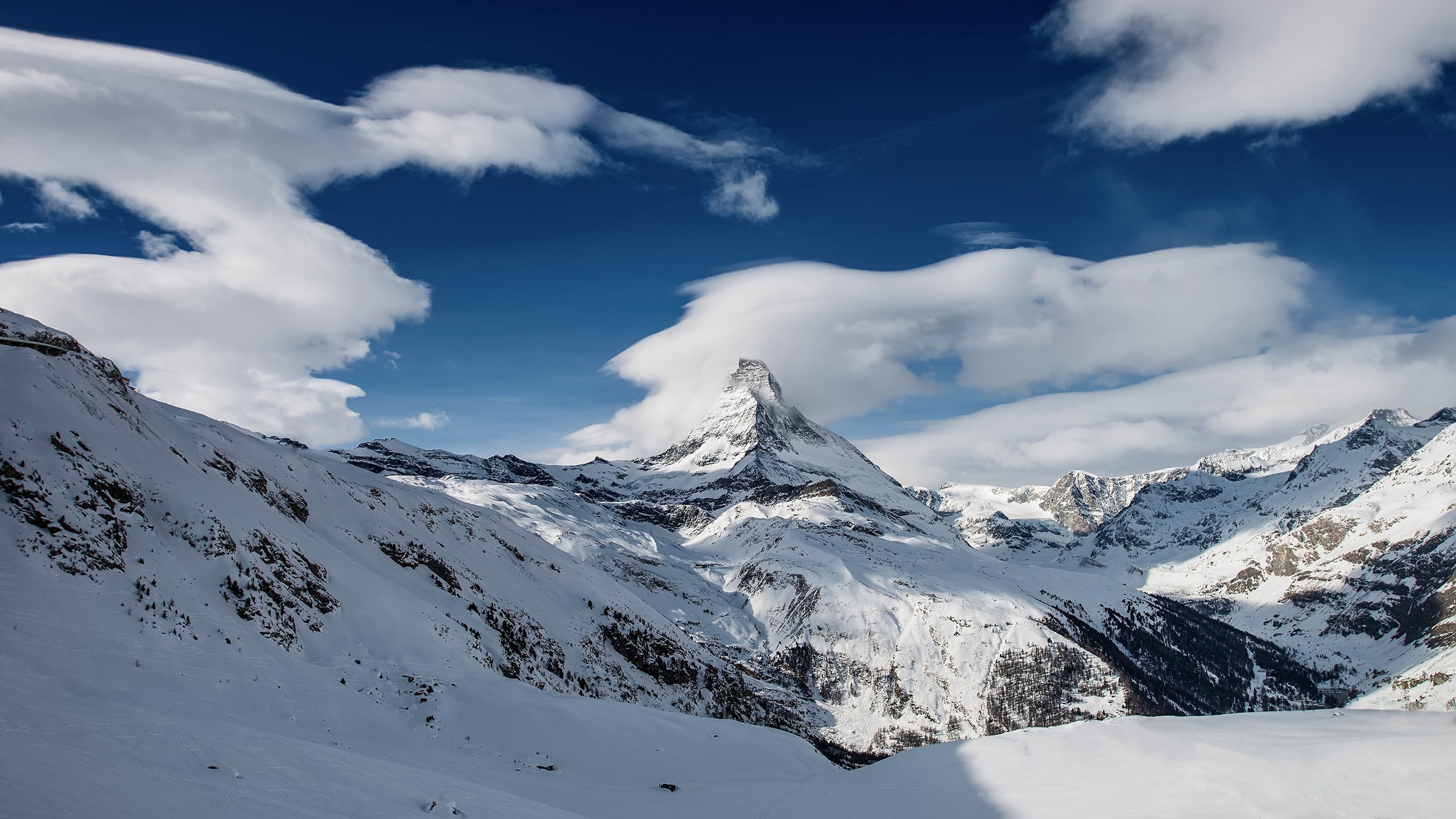 sky, mountain range, 2K, winter, mountain peak, white color, ice, nature, environment, clouds, covered, landscape, non-urban scene, scenics - nature, cold temperature, HD Wallpaper