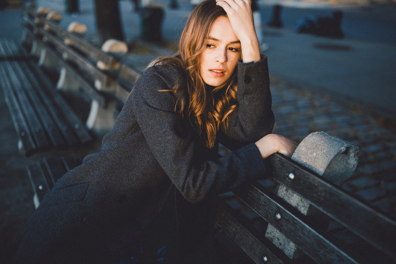 clothing, contemplation, young adult, women, women outdoors, portrait, Caitlin Nusche, hair, bench, brown hair, winter, SamAlive, black coat, young women, HD Wallpaper