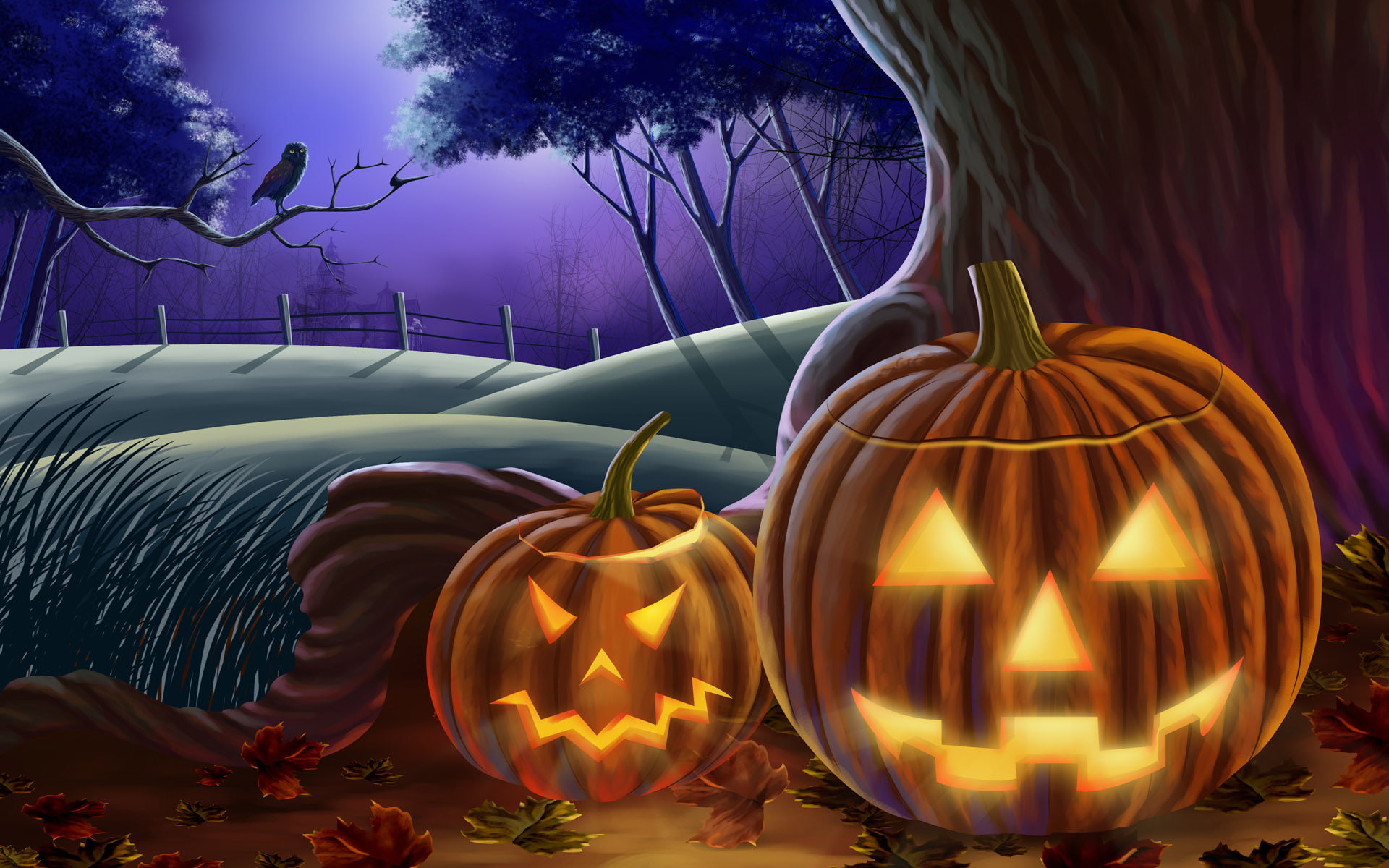 owl, ghost, pumpkin, village, cartoon, halloween, holidays, 1080P, moonlight, HD Wallpaper