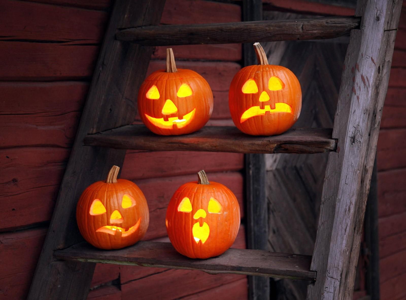 720P, four, holiday, pumpkin, lamps, halloween, ladder, HD Wallpaper