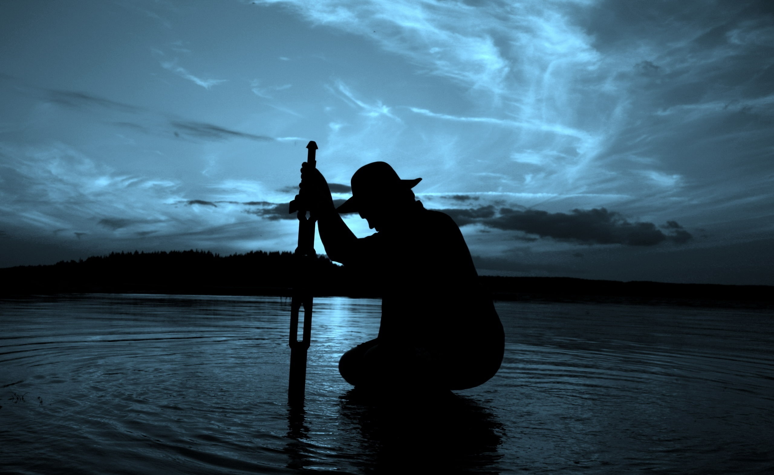 sky, standing, art, waterfront, women, Sword, side view, beauty in nature, Black, one person, lake, cloud - sky, silhouette, With, 2K, Aero, kneeling, HD Wallpaper