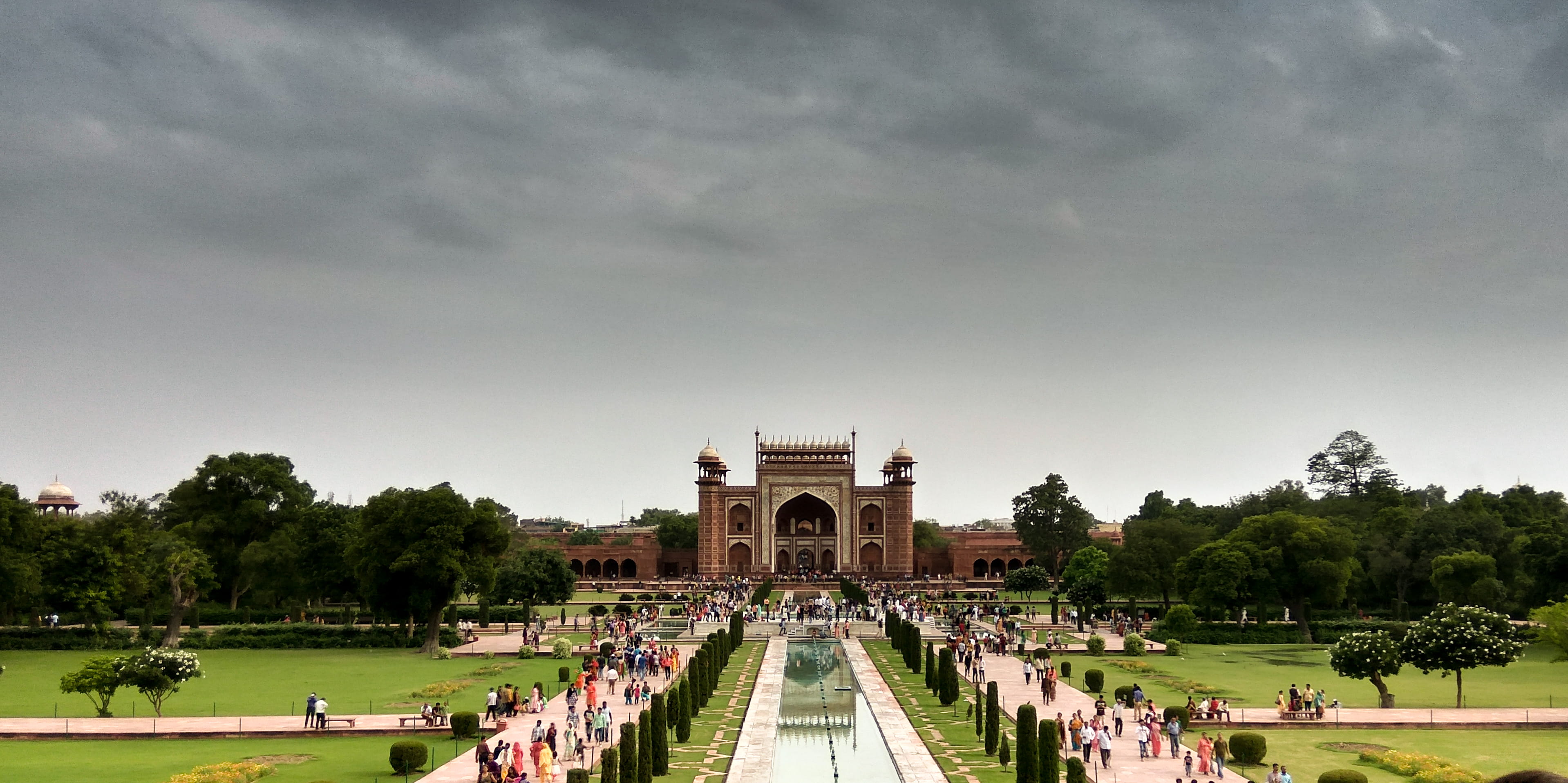 built structure, india, arch, travel, arbour, nature, cloud - sky, outdoors, travel destinations, agra, brown, lawn, campus, grass, person, temple, sky, HD Wallpaper