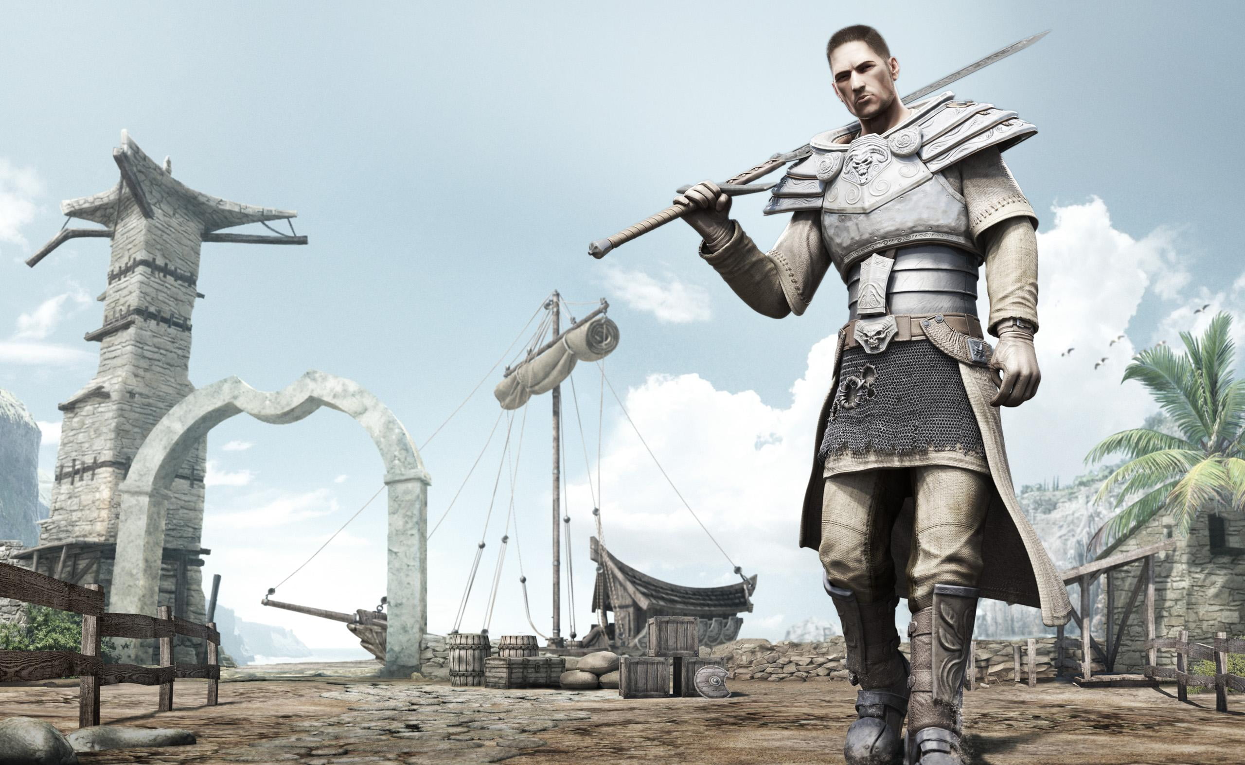 Risen, 2K, village, ship, history, nature, sky, knight, built structure, cloud - sky, casual clothing, pier, the past, day, holding, weapons, HD Wallpaper