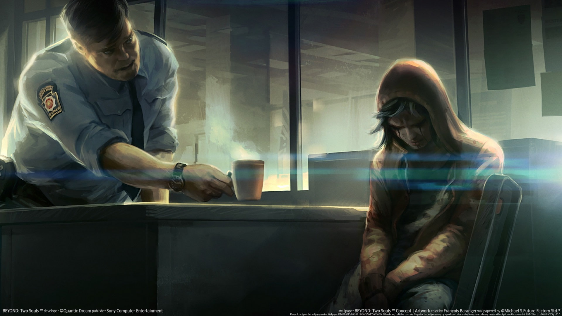 digital composite, people, sitting, still, adult, young adult, hd, men, real people, young men, long hair, beyond, game, souls, two, indoors, police, communication, HD Wallpaper