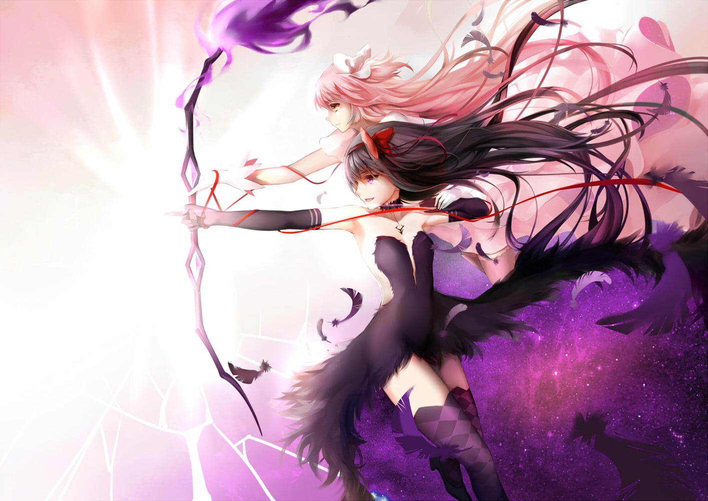 black, digital composite, Mahou Shoujo Madoka Magica, pink color, hairstyle, haired, feathers, one person, motion, 720P, anime, purple, real people, flowering plant, HD Wallpaper