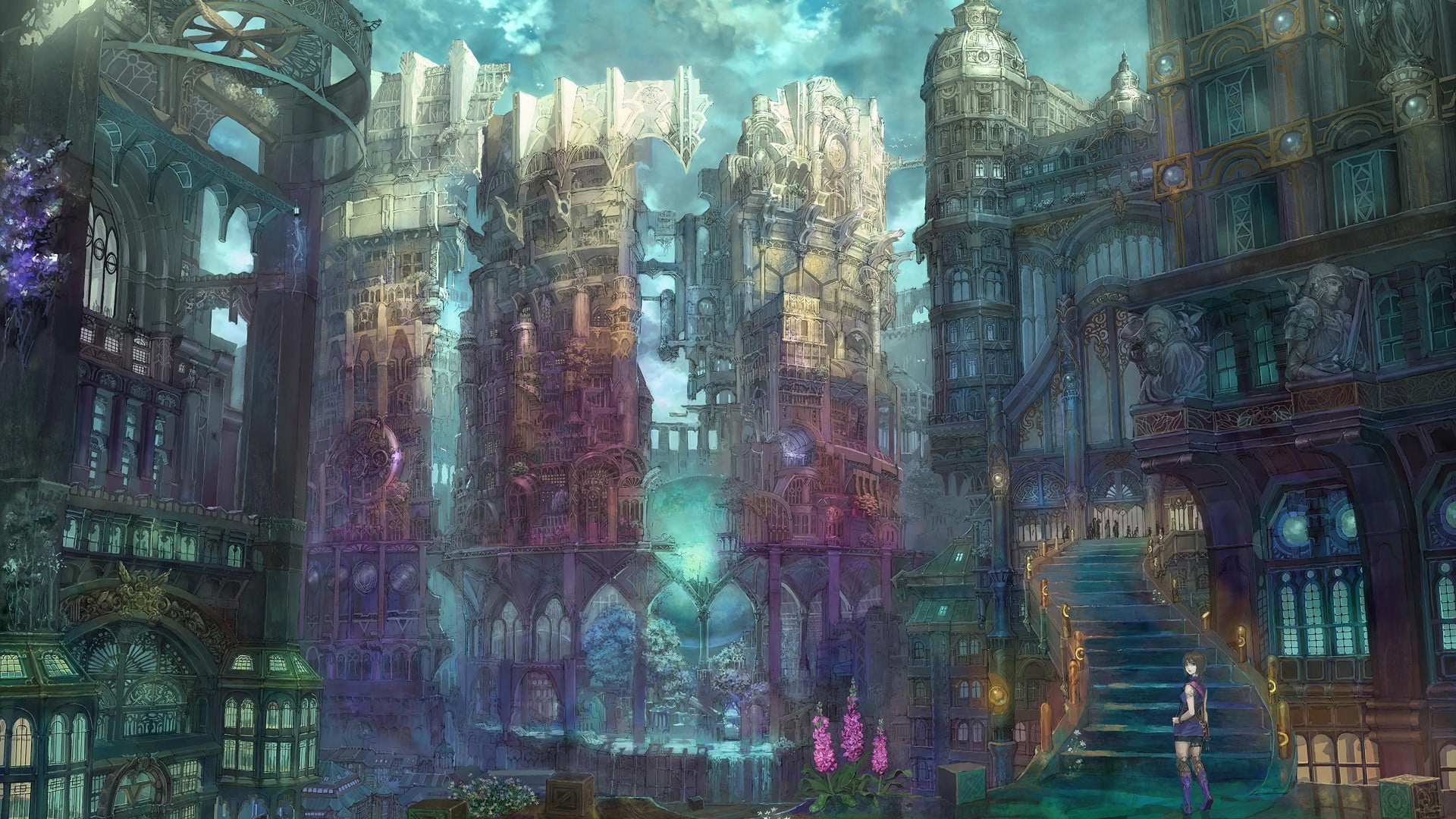 anime, building, anime girls, 1080P, digital composite, travel destinations, day, city, skyscraper, animation, architecture, religion, fantasy city, HD Wallpaper