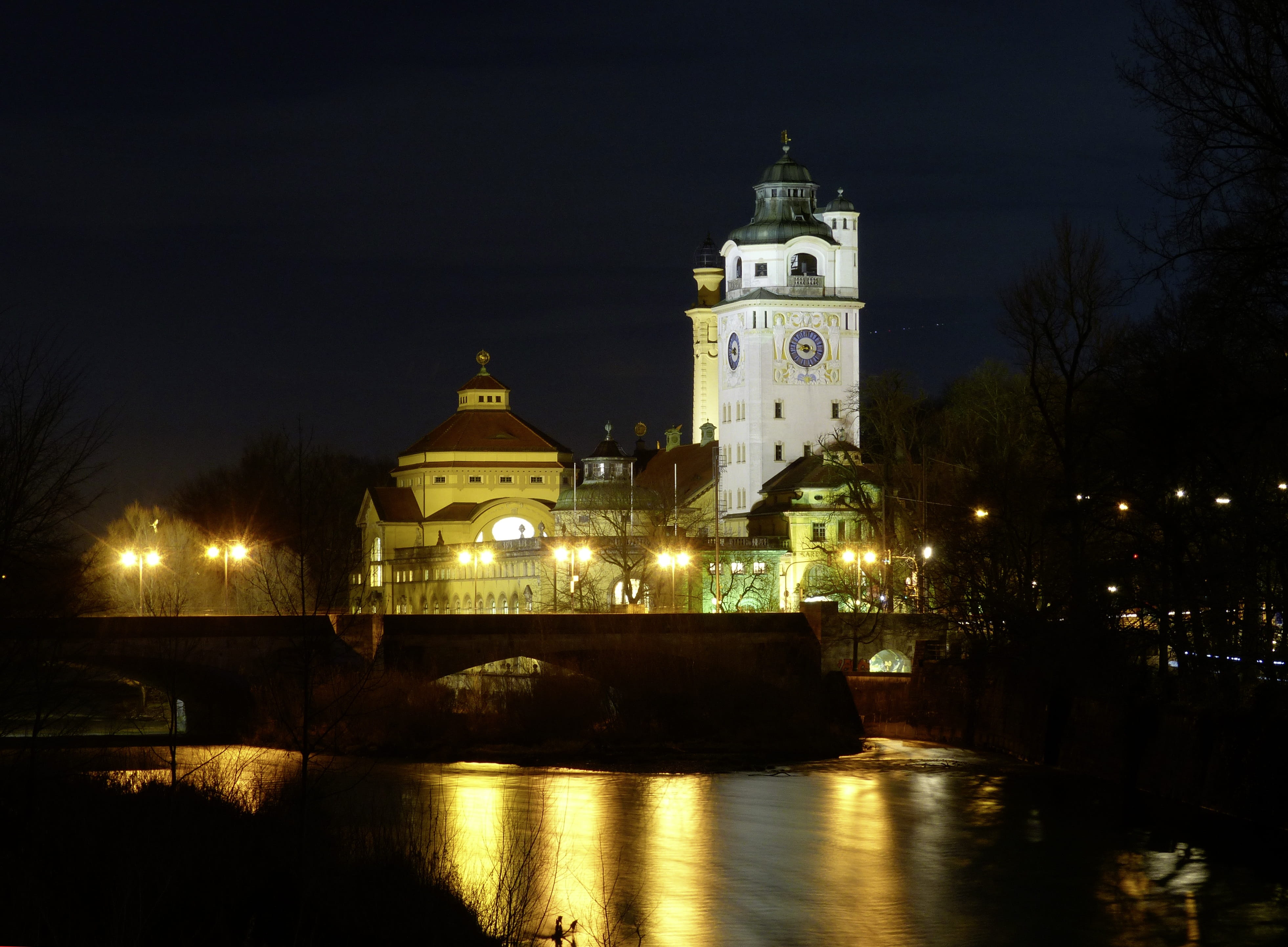 city, tower, sky, no people, water, art nouveau, reflection, 1901, night, indoor swimming pool, carl hocheder, Isar, building, nature, religion, built structure, HD Wallpaper