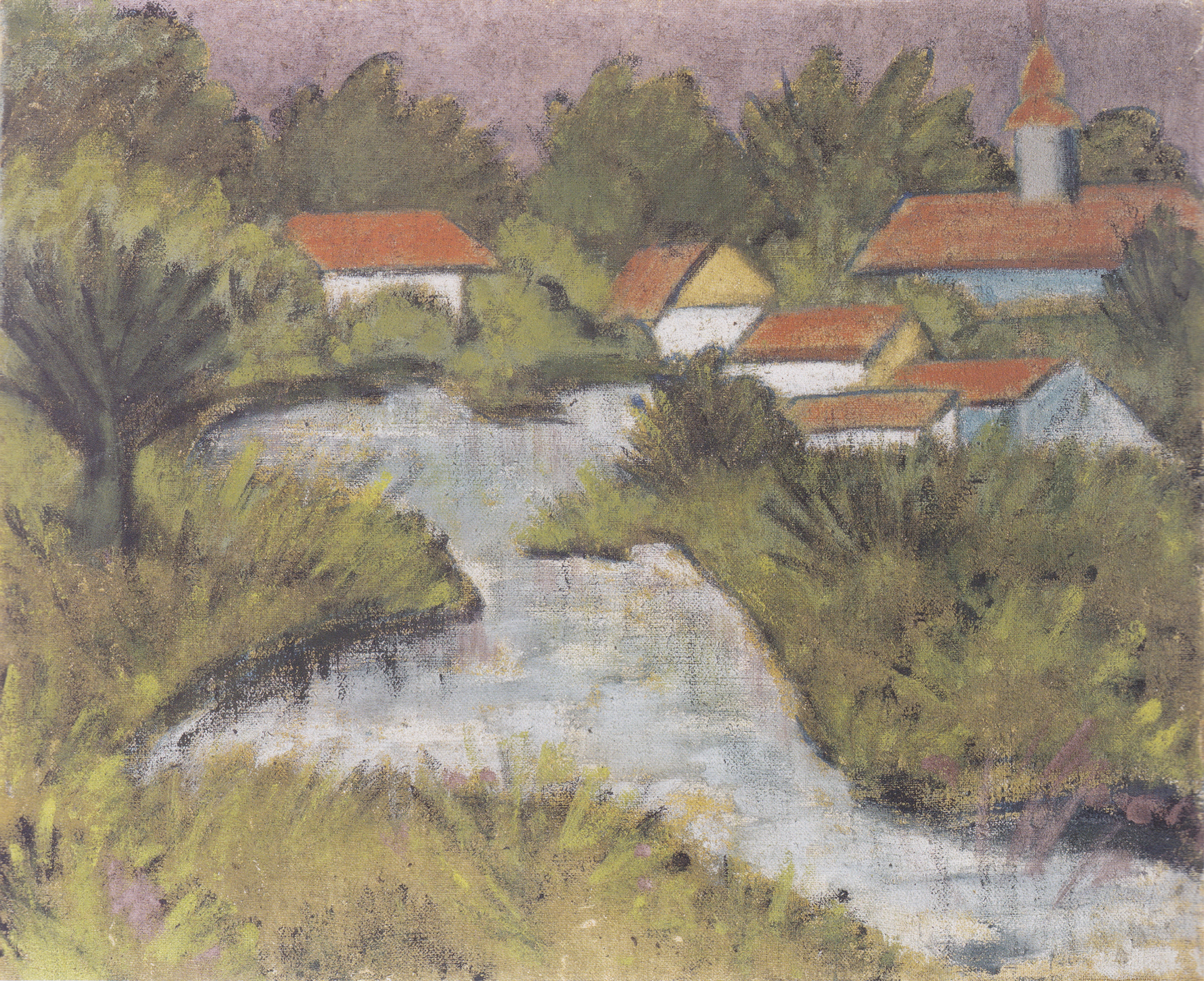 home, river, Red Roofs -, 4K, Expressionism, Otto Mueller, ca1929, the bushes, HD Wallpaper