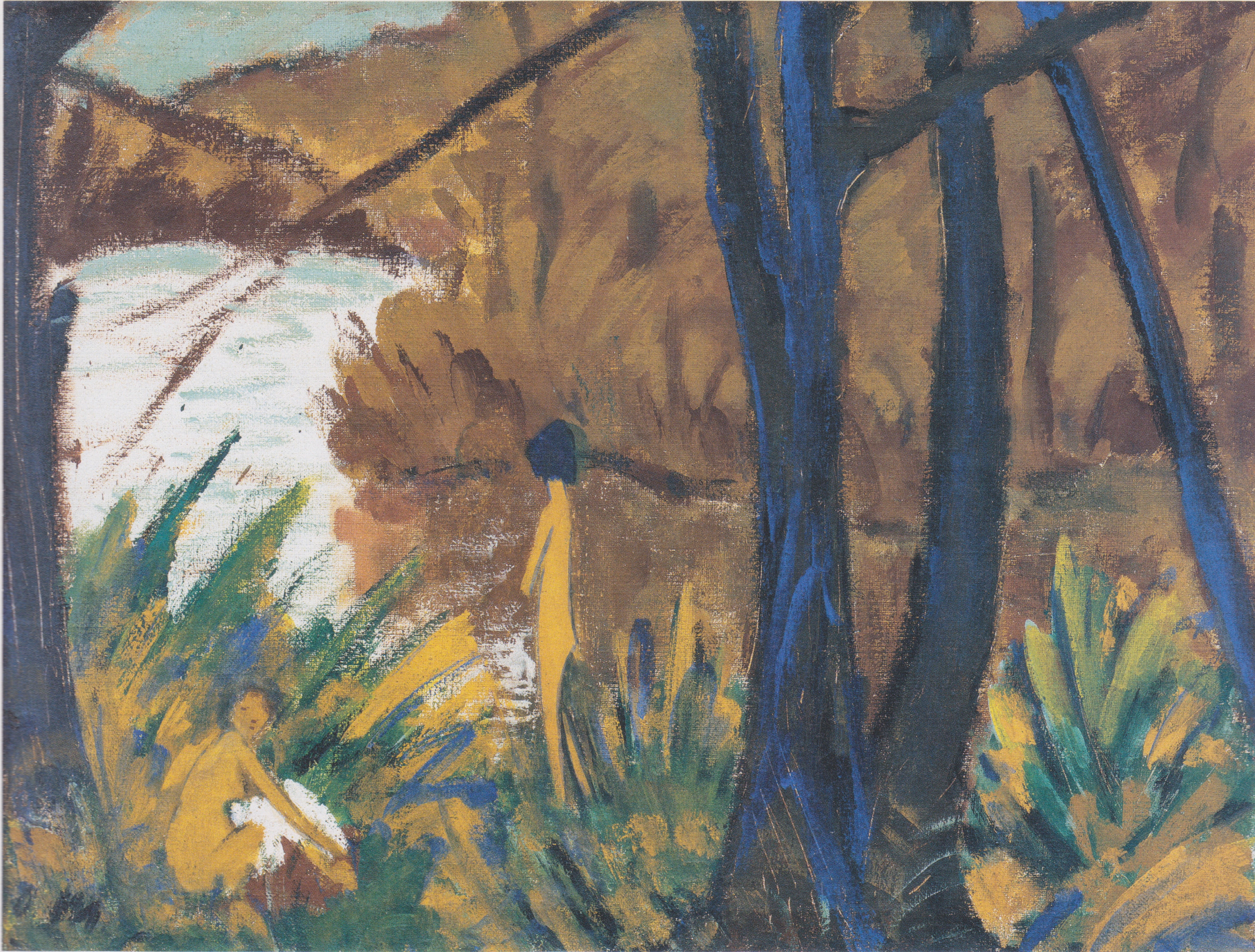 trees, 4K, river, Waldsee with two files, Expressionism, ca1912, Otto Mueller, naked girls, the bushes, HD Wallpaper