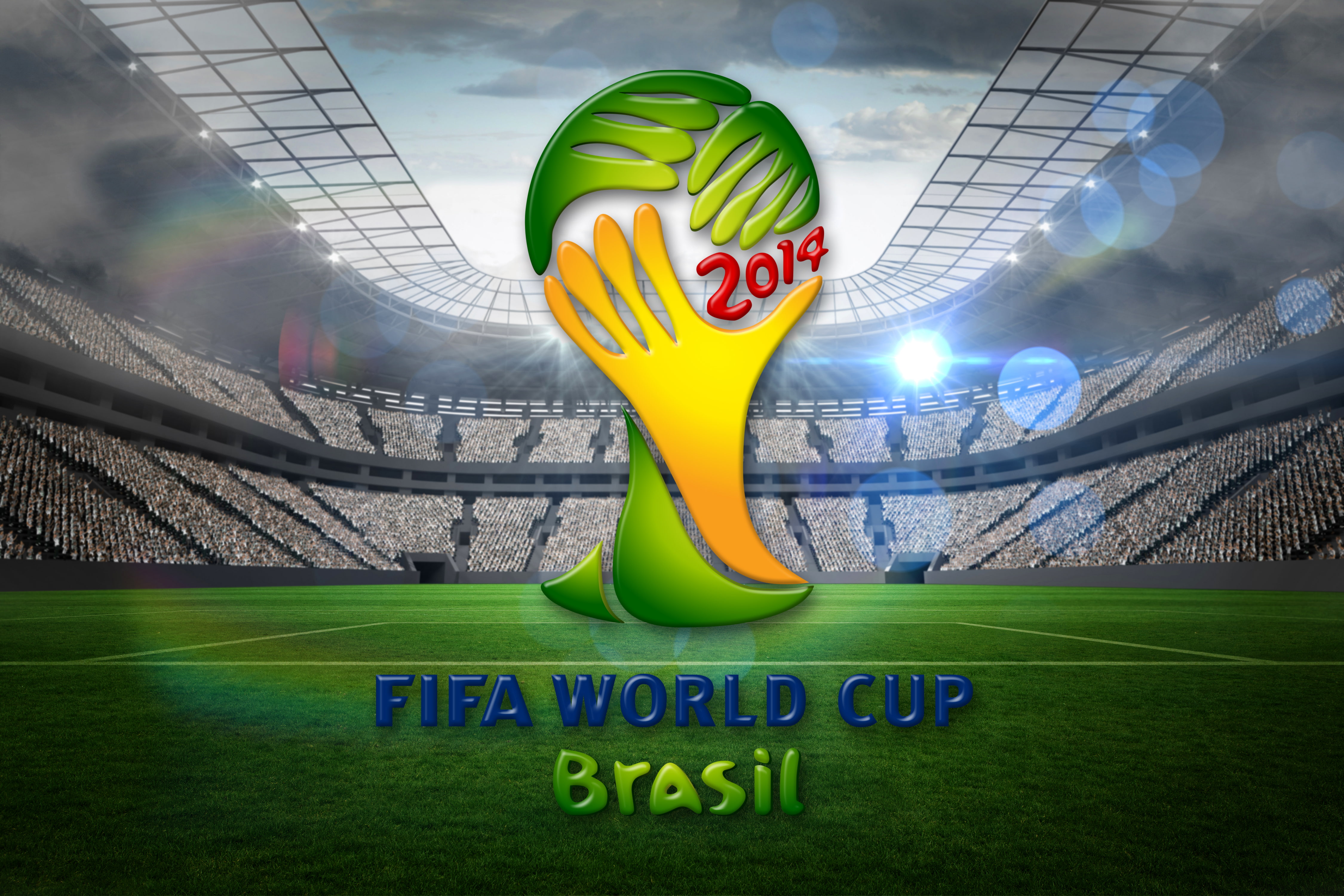 text, western script, football, architecture, stadium, green color, representation, yellow, 4K, soccer, communication, multi colored, world, flag, 2014, HD Wallpaper