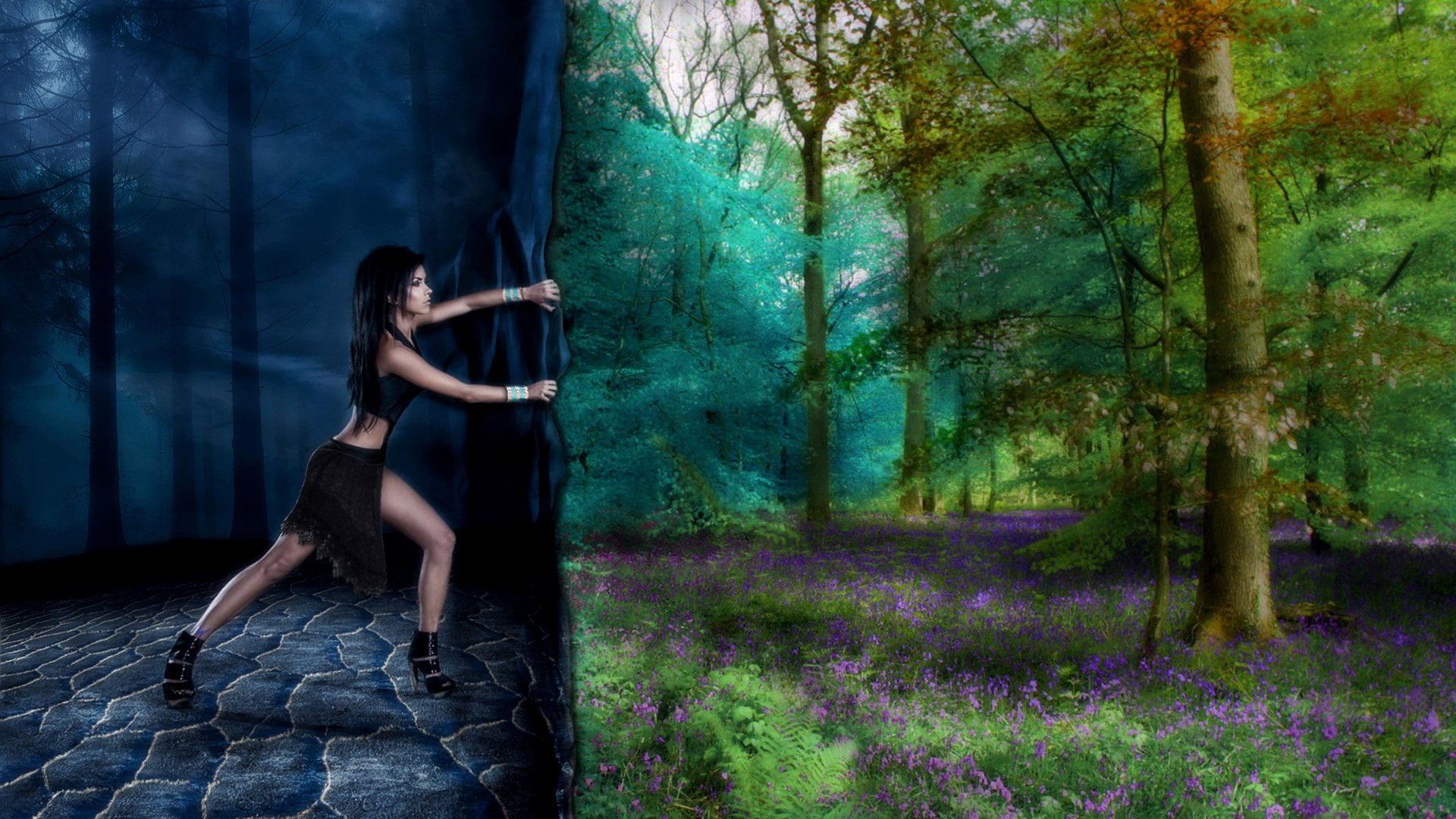 Manipulation, outdoors, young adult, women, Inna, tree, plant, real people, Artistic, side view, forest, land, 1080P, beautiful woman, adult, clothing, HD Wallpaper