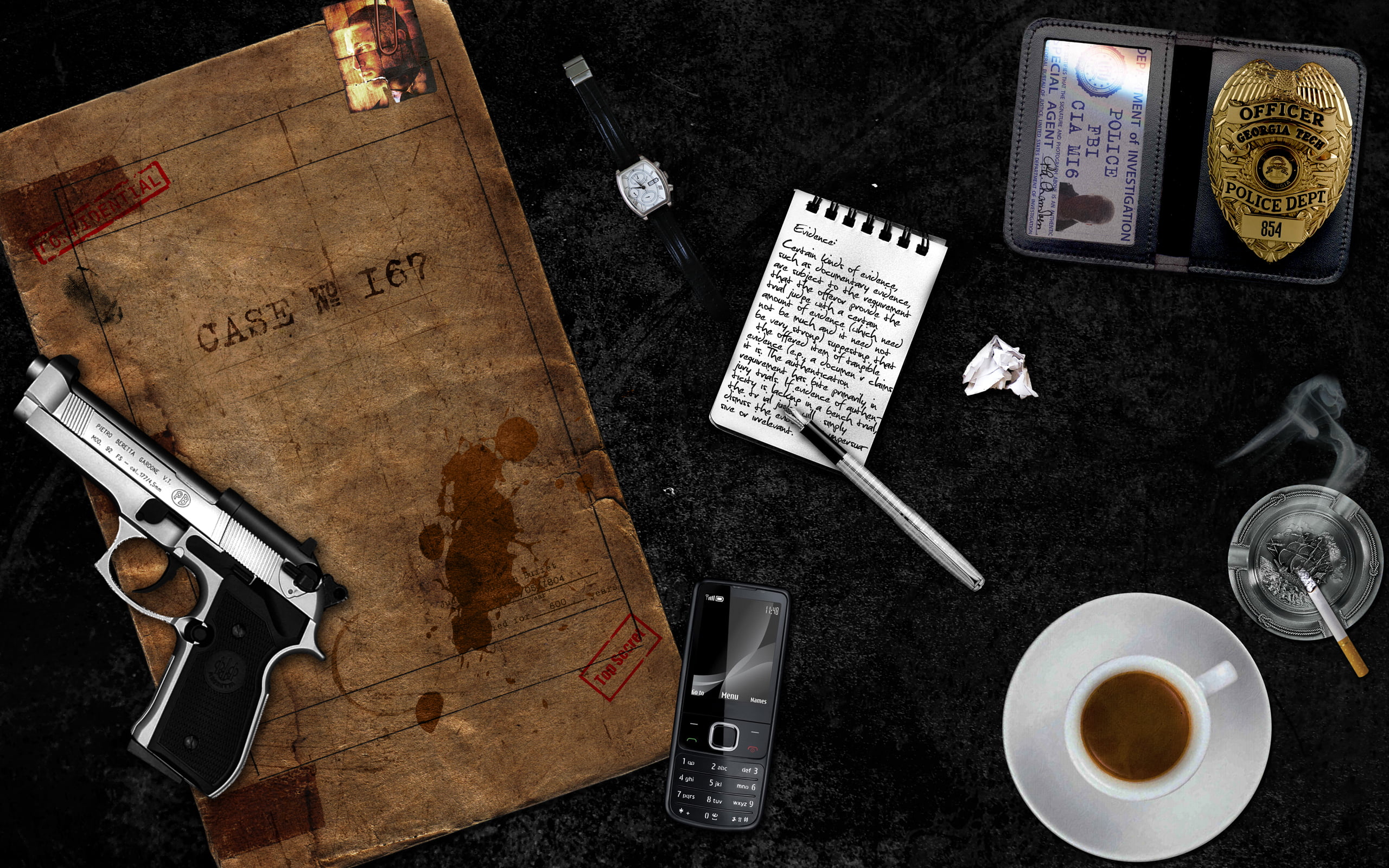 passport, refreshment, mug, pen, retro Styled, 2K, drink, gun, pistol, directly above, crime, table, detective, book, old-fashioned, communication, text, HD Wallpaper