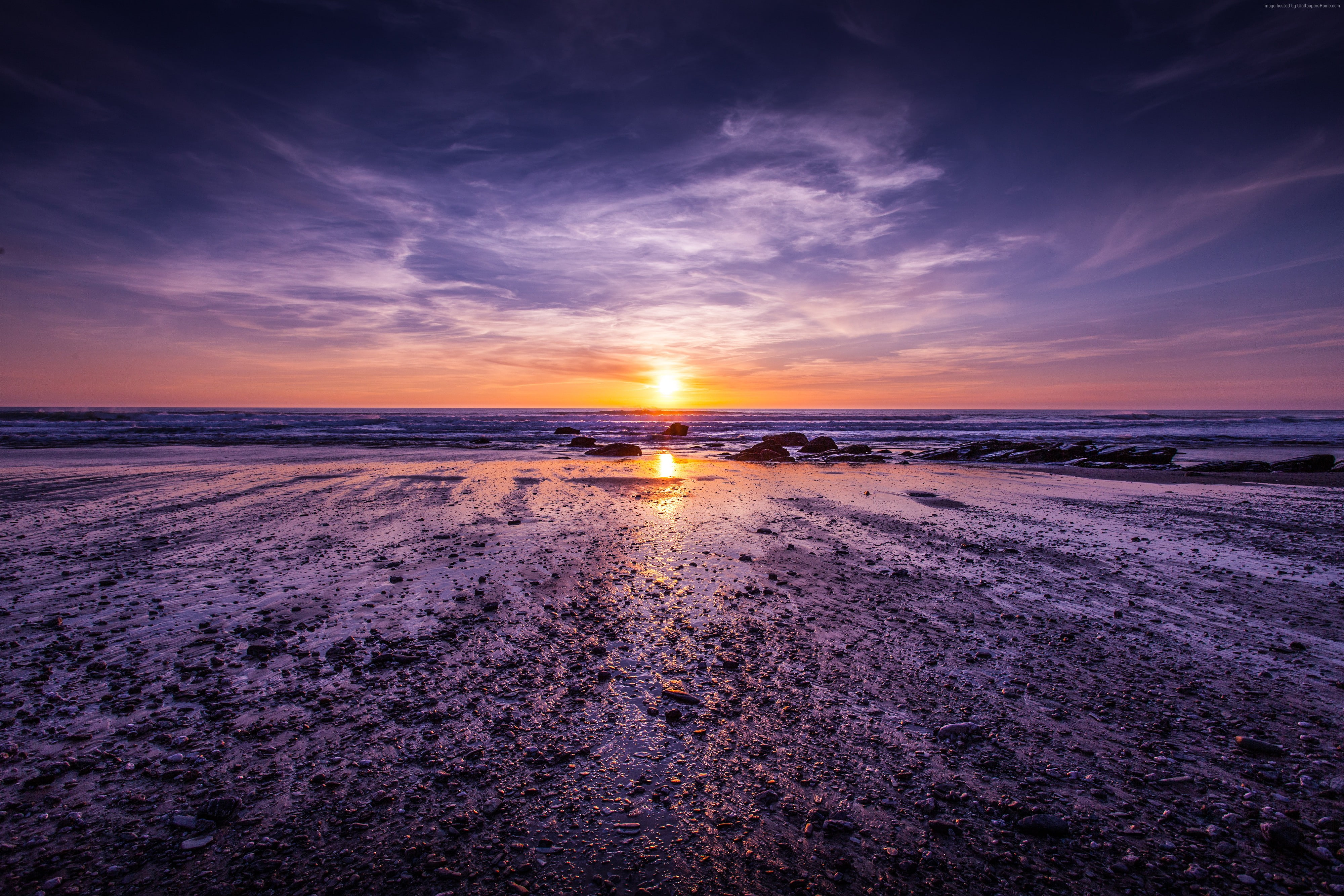 Cornwall, 4K, clouds, England, 4k, 5k, sunset, shore, Atlantic ocean, HD Wallpaper