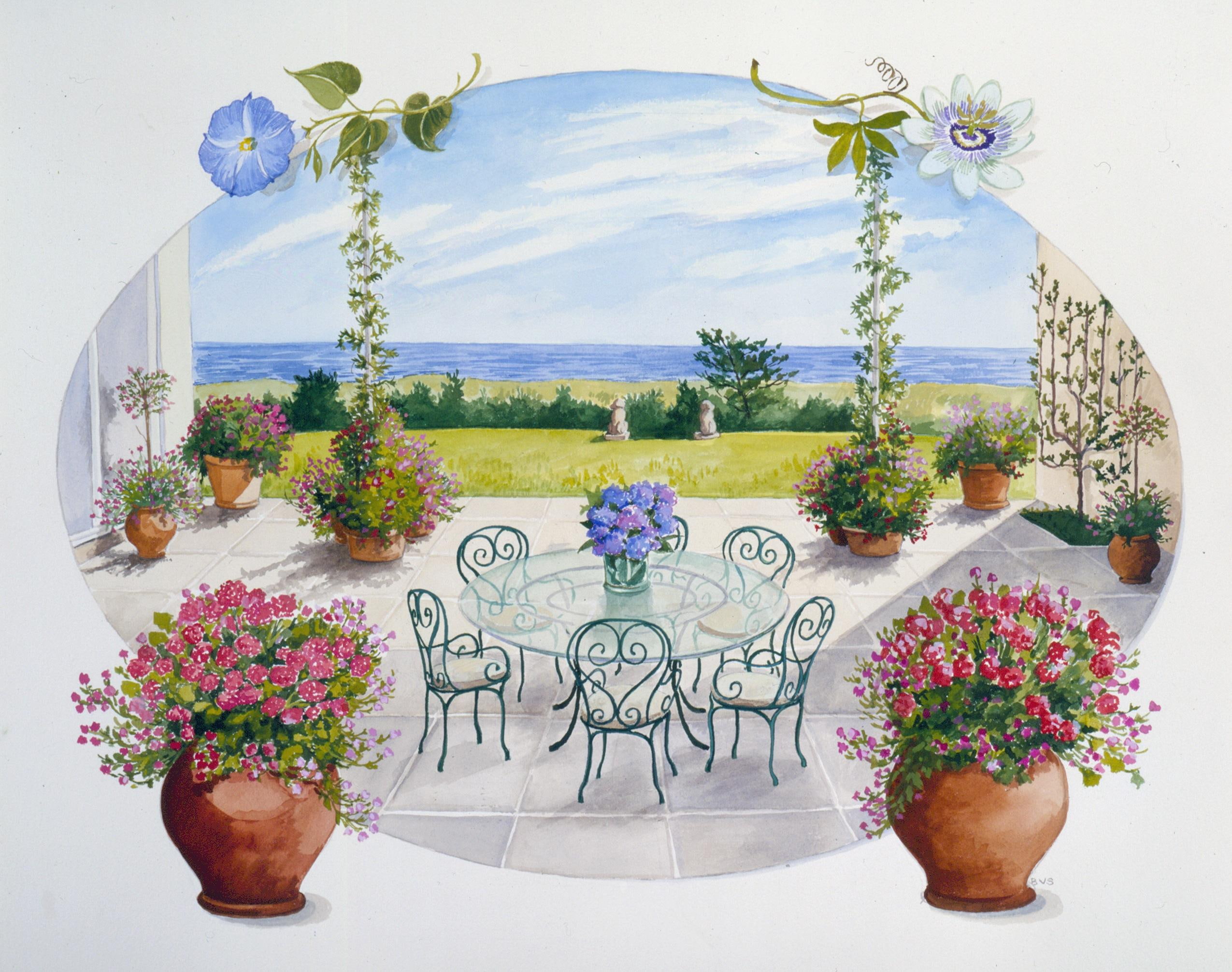 garden, chairs, table, 3d and abstract, terrace, pots, 1080P, scenic, flowers, HD Wallpaper