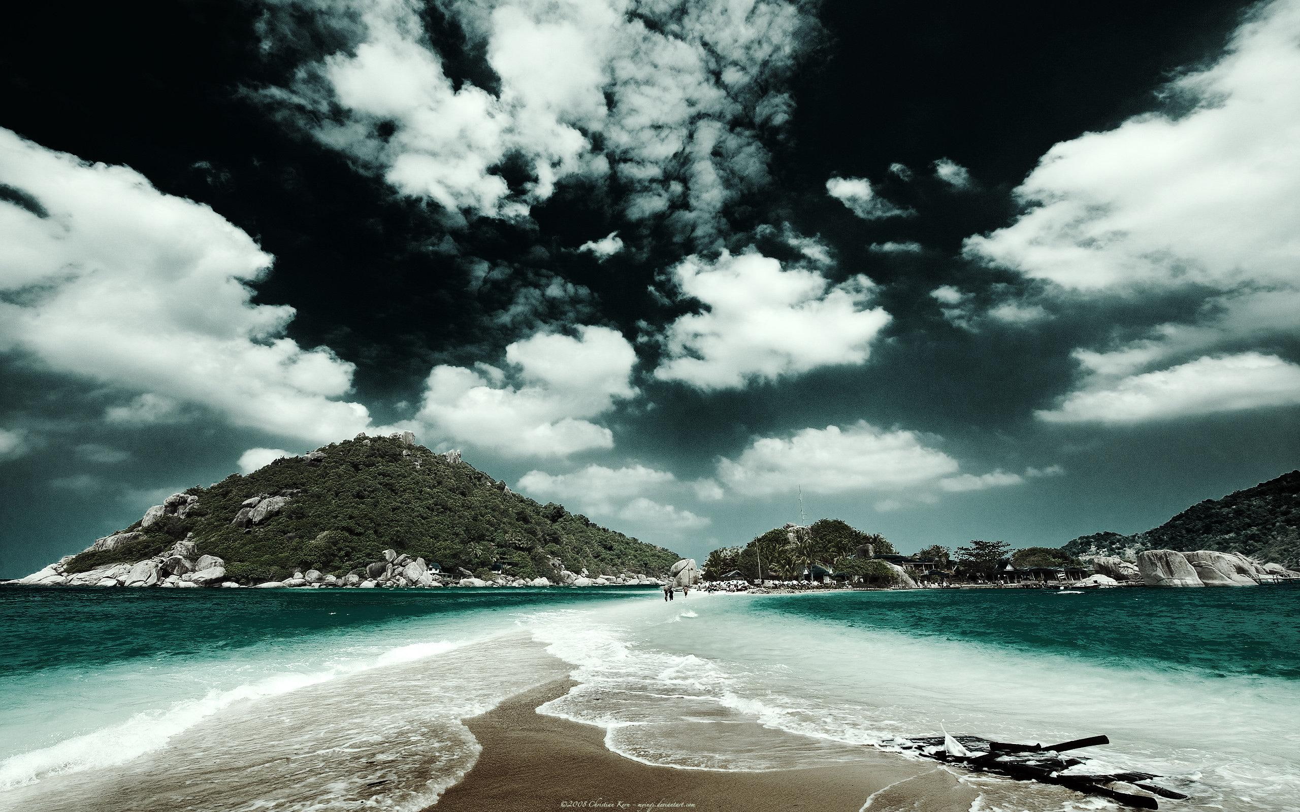 landscape, nature, beach, near, mountain, sanbar, nature and, ocean, scene, blue, clouds, summer, eden, 2K, HD Wallpaper