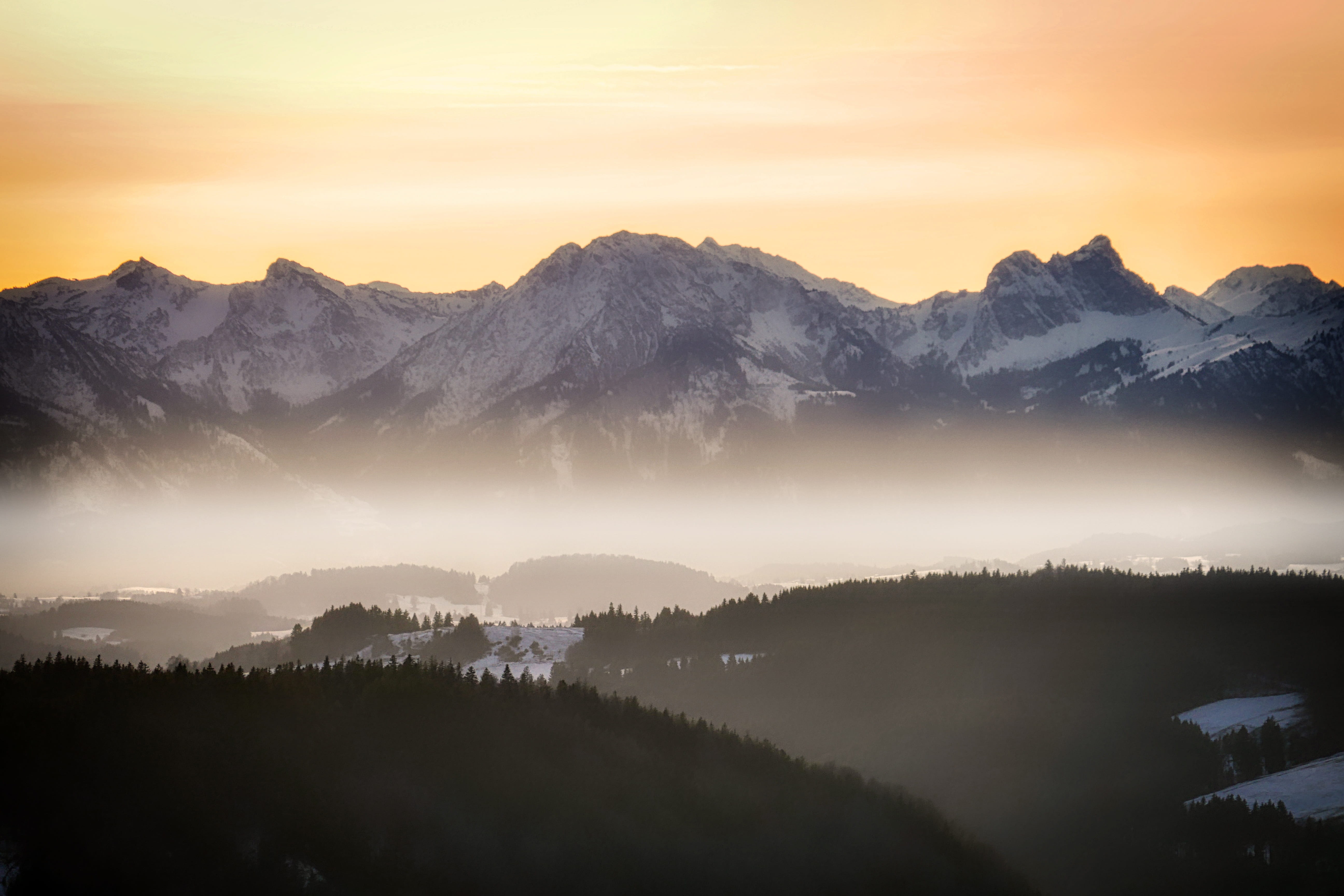nature, lake, bavaria, alpenblick, panorama, sky, alpine, forest, tranquil scene, sunset, environment, mountain, scenics - nature, plant, mountains, water, HD Wallpaper
