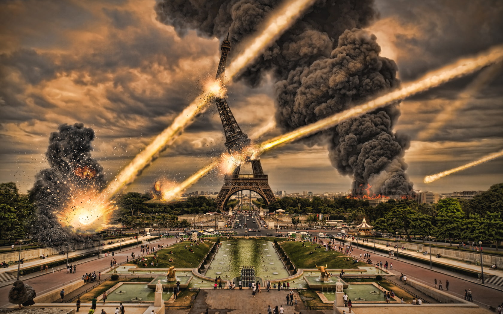 manipulation, eiffel tower, apocalyptic, eiffel, sci fi, destruction, art, digital art, fire, invasion, missle, flames, smoke, 720P, HD Wallpaper