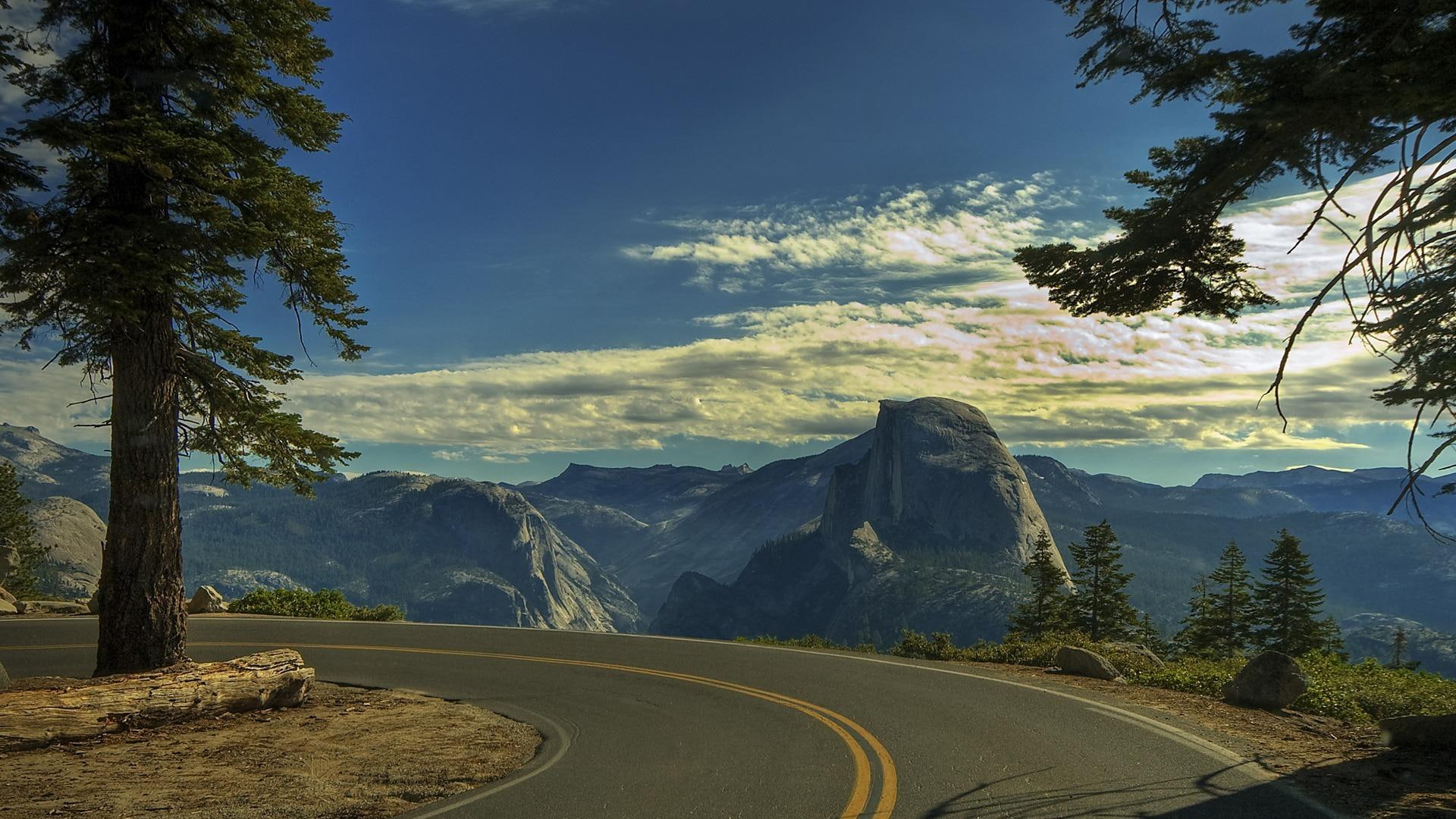 landscape, peaceful, beautiful, tree, nature, lookout, mountains, sunset, half dome, 1080P, view, trees, road, HD Wallpaper