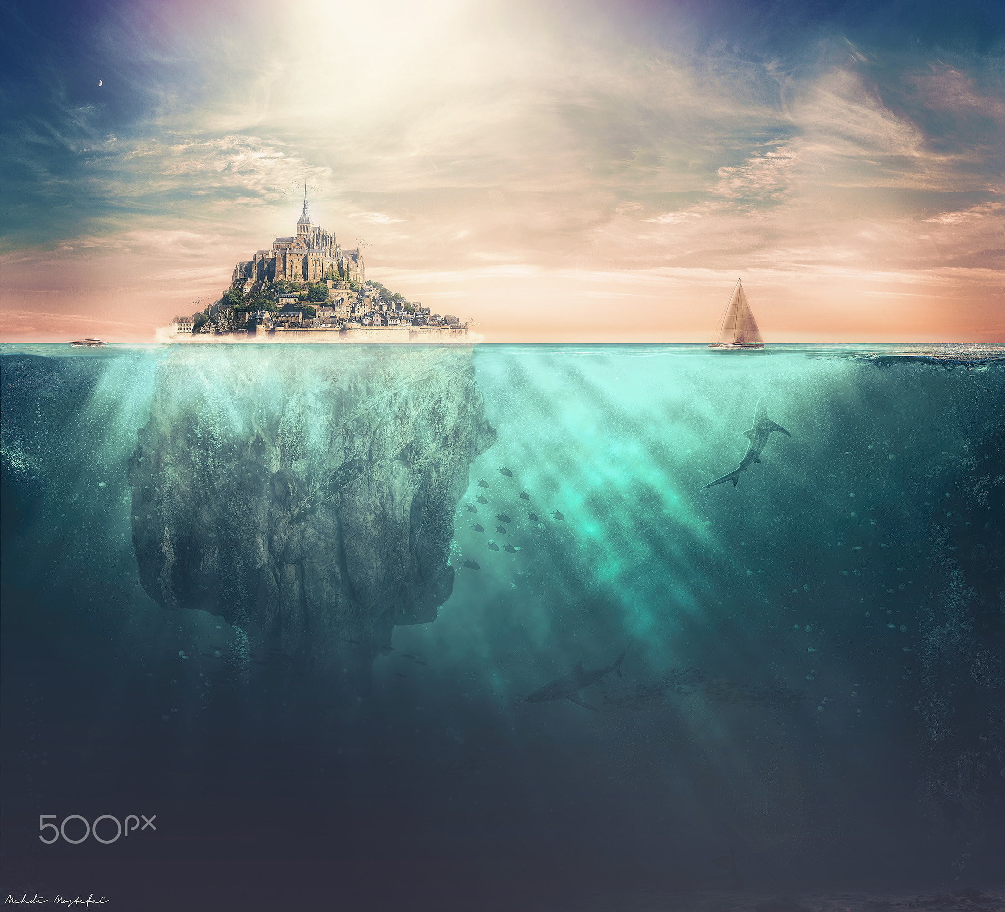 1080P, Mehdi Mostefaï, sea, underwater, digital art, Mont Saint-Michel, HD Wallpaper