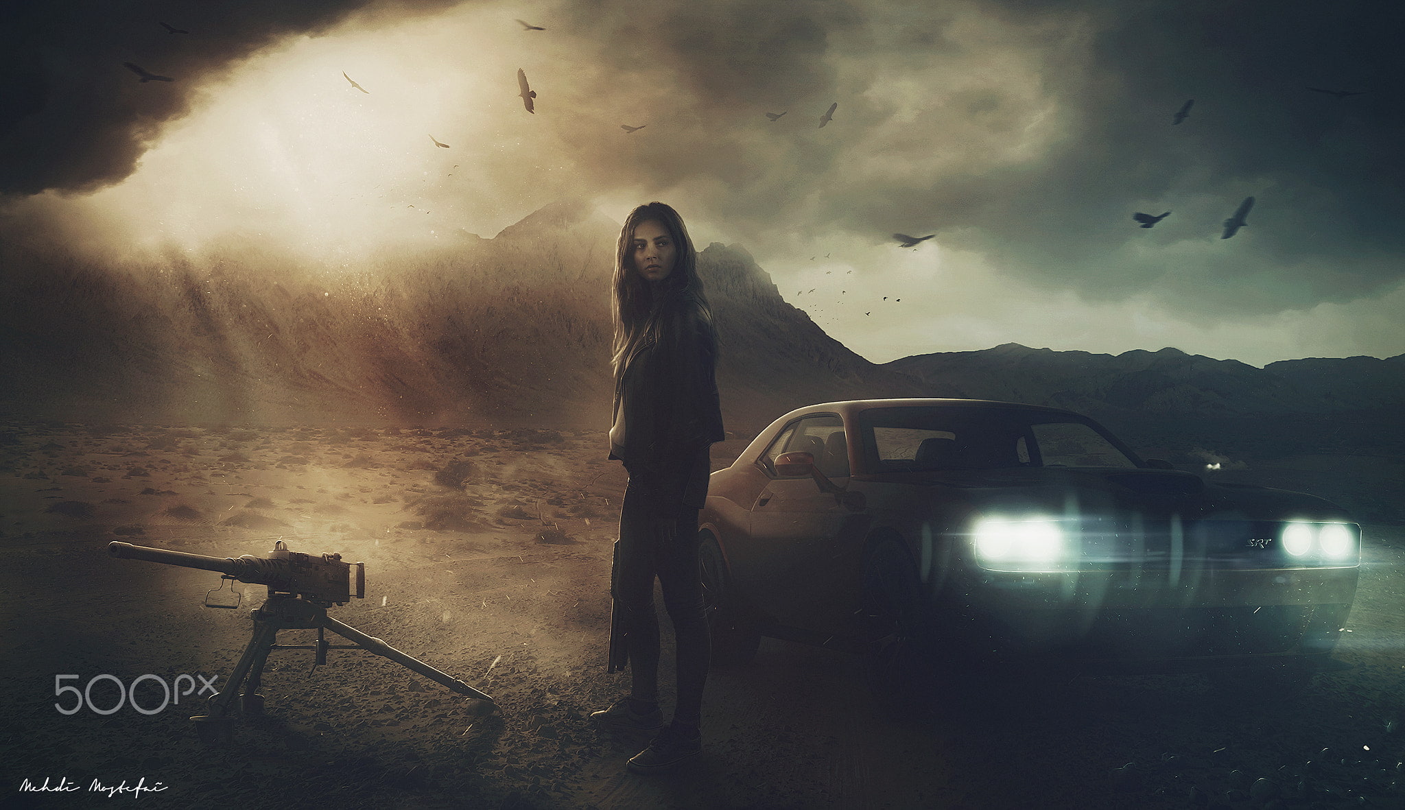 Mehdi Mostefaï, women, weapon, sky, digital art, car, 1080P, dark, 500px, M2 Browning, HD Wallpaper