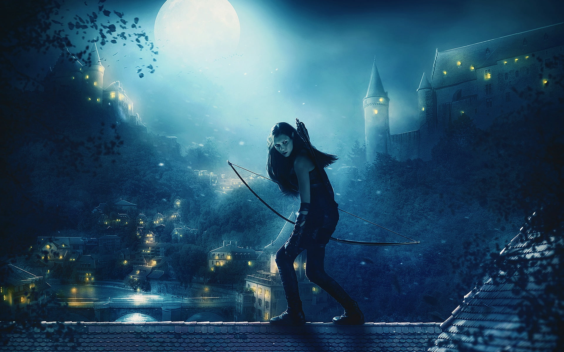 lights, girl, home, Mehdi Mostefaï, trees, elf, locks, bow, 1080P, arrows, roof, Archer, the moon, night, art, fantasy, HD Wallpaper