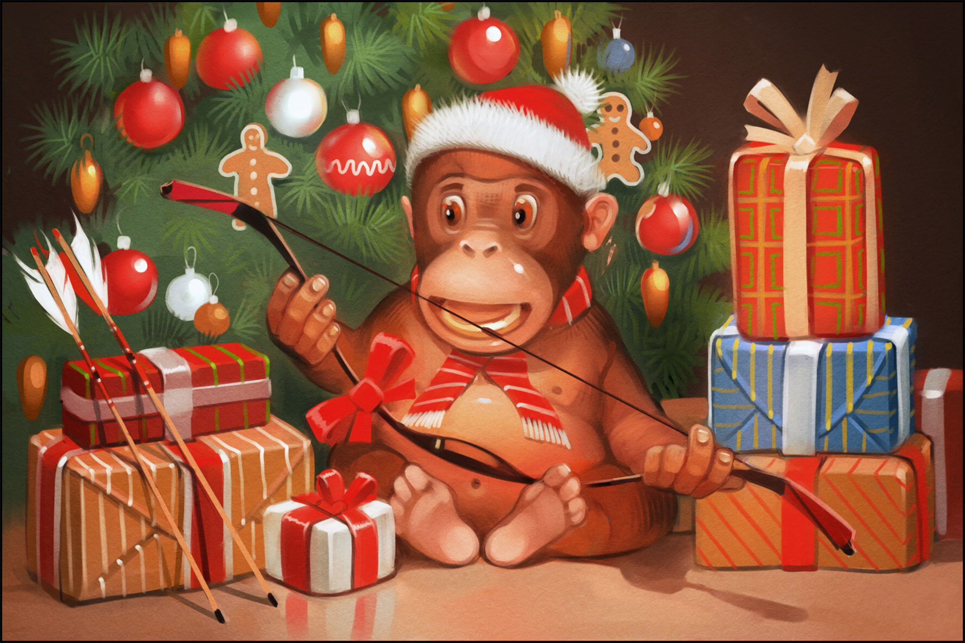 bow, holiday, mood, 1080P, gift, Christmas, 2016, tree, new year, monkey, arrows, HD Wallpaper