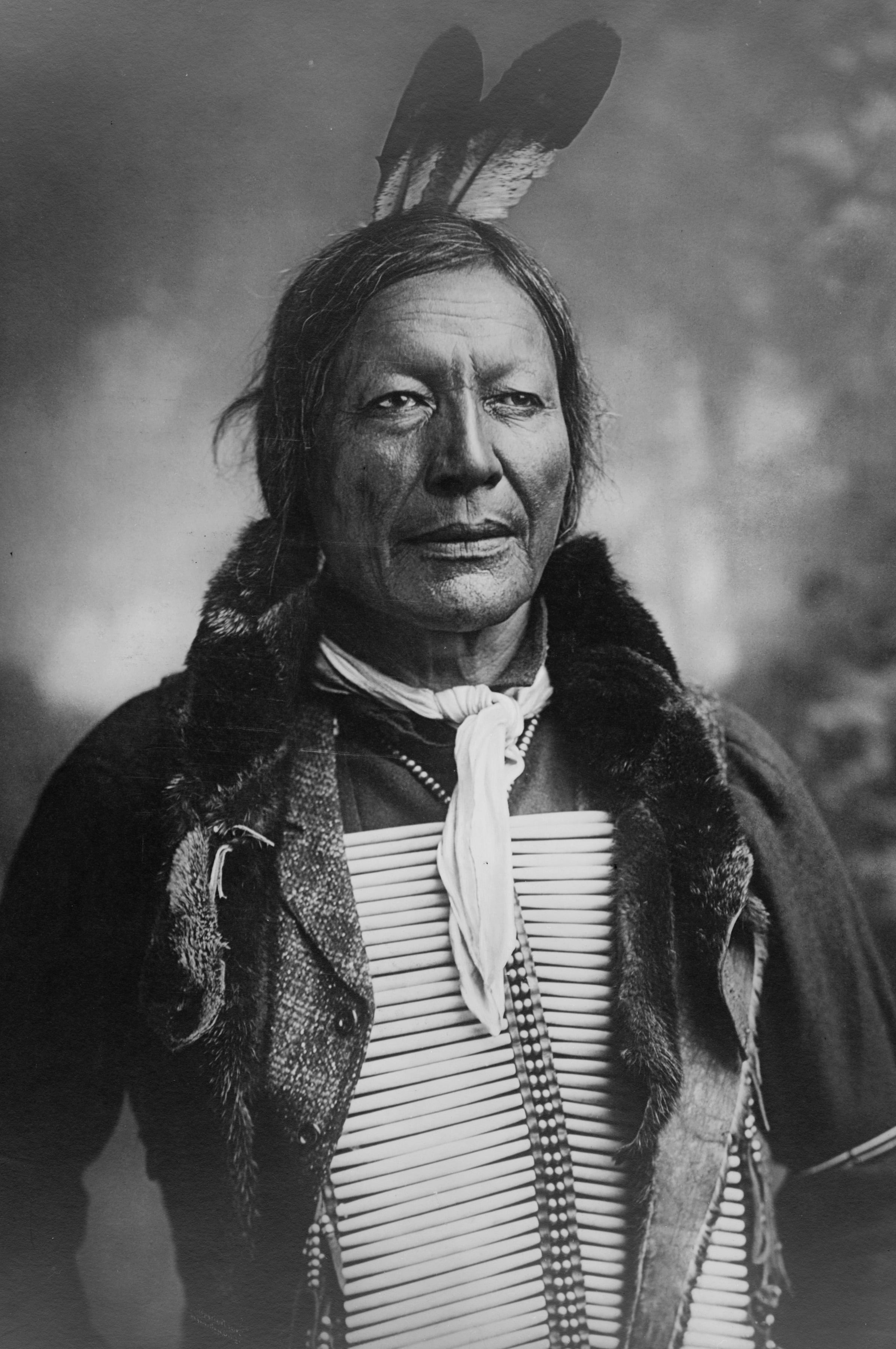 chieftain, front view, euro-american coat, person, two feathers, monochrome, looking at camera, historical, celebration, day, waist up, photo, portrait, Phone HD Wallpaper