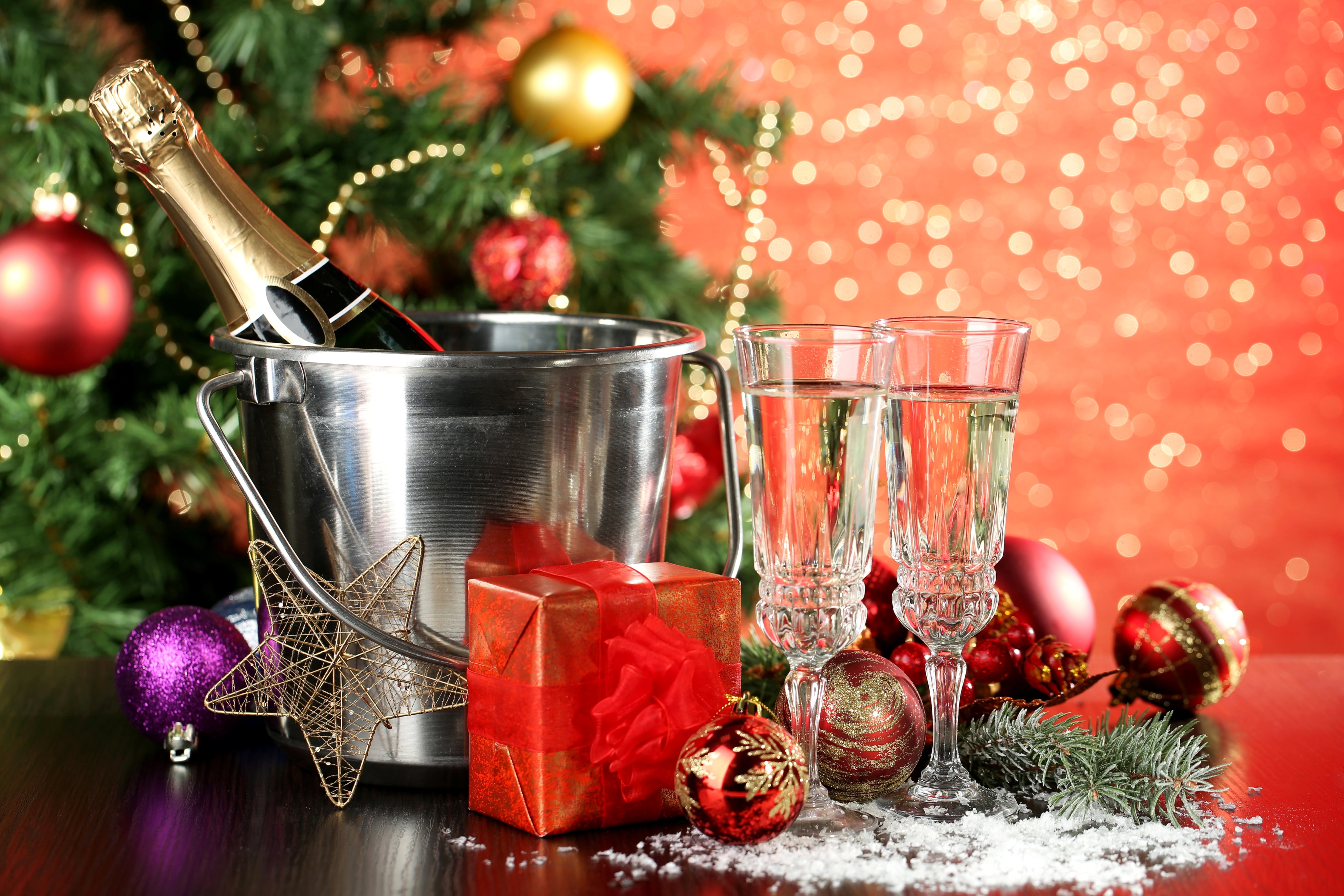 celebration, event, New Year, steel, tree, christmas tree, glass, celebration event, winter, no people, gift, food and drink, table, 5K, decoration, holiday, HD Wallpaper