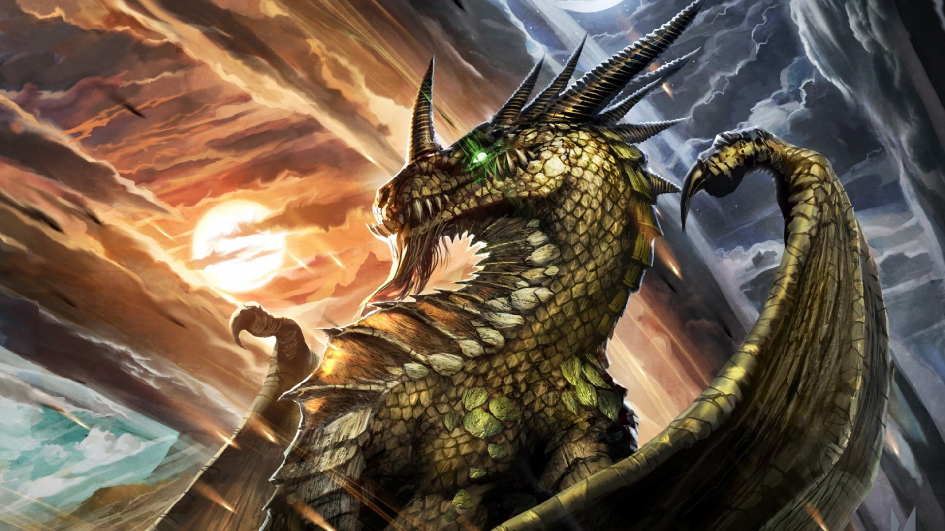 beauty in nature, mountain, representation, World of Warcraft, water, 1080P, cloud - sky, dragon, animal themes, Hearthstone: Heroes of Warcraft, sky, HD Wallpaper