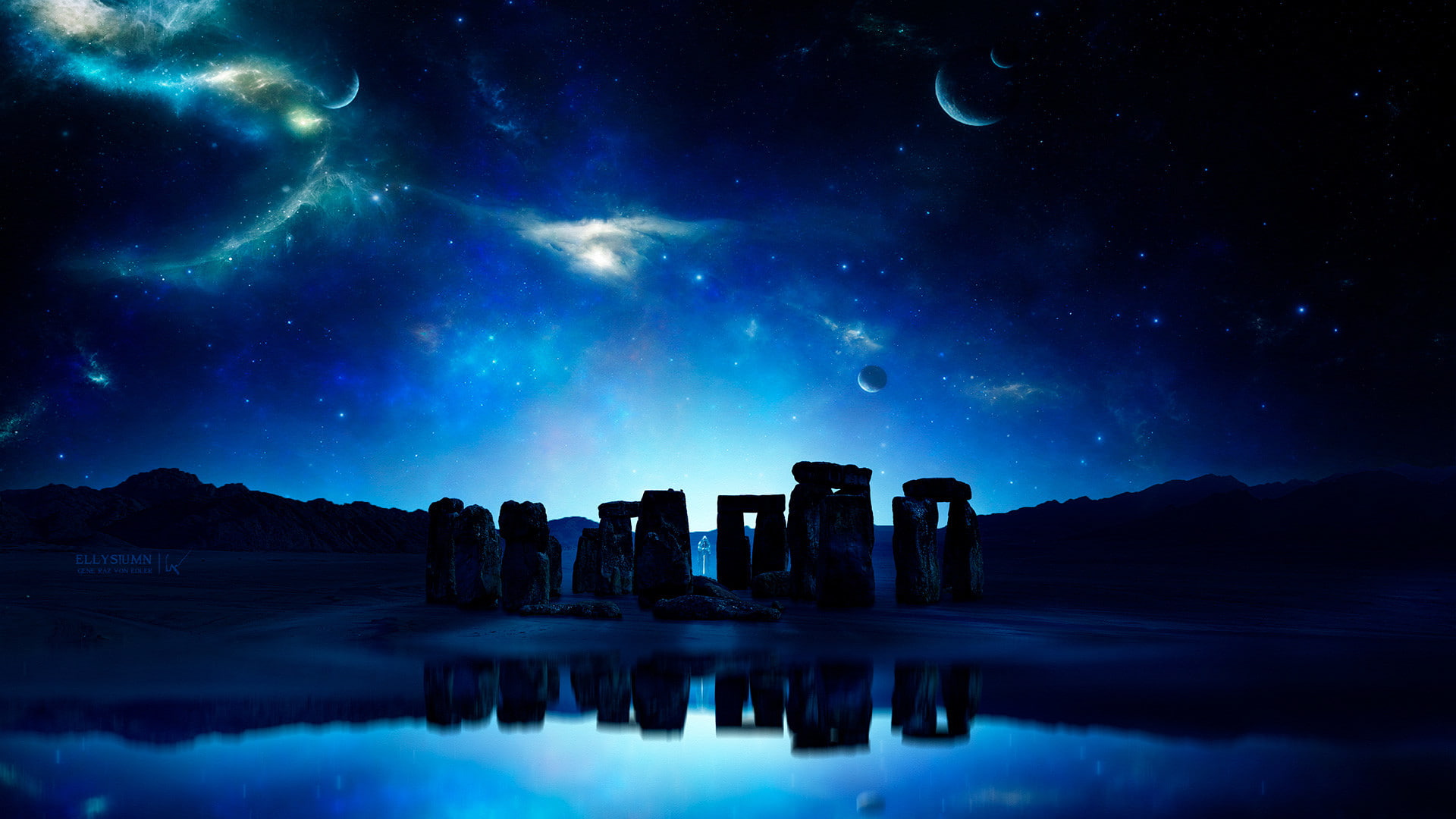 blue, tranquil scene, rock - object, nature, rock, outdoors, druids, milky way, astronomy, temple, star - space, sea, reflection, 1080P, night, space, HD Wallpaper