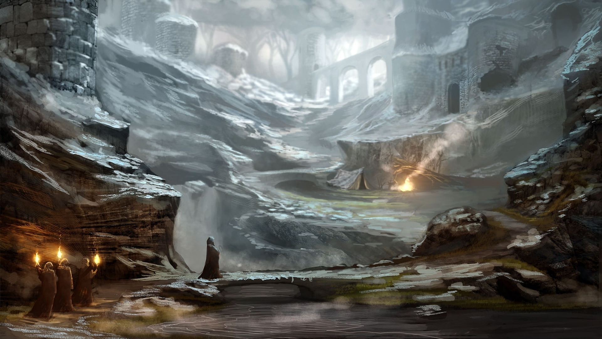 cities, fire, landscapes, 1080P, fantasy, Gothic, mood, Druid, art, Dark, castle, Priest, HD Wallpaper