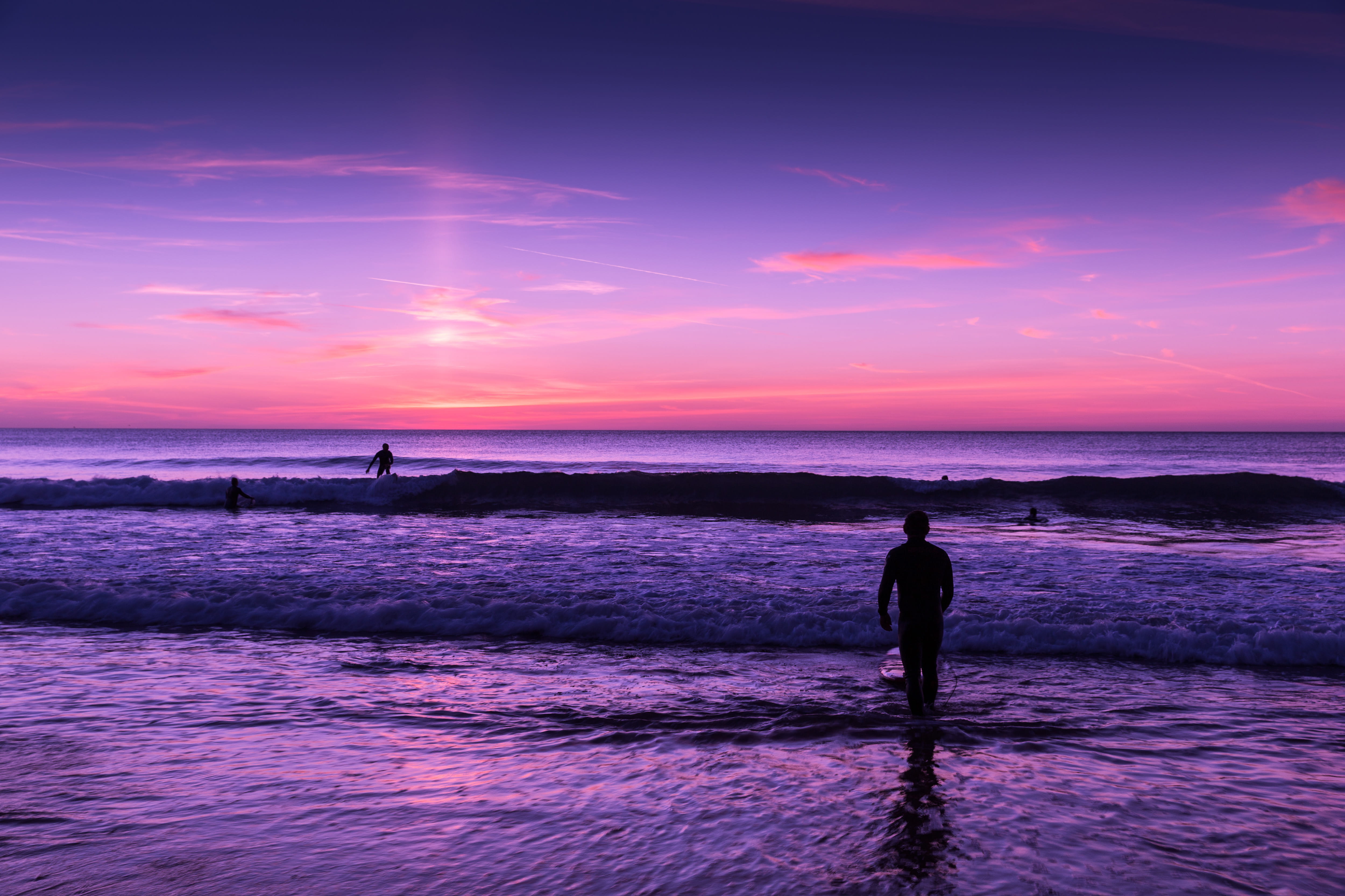 night, leisure activity, dusk, beach, water, nature, ocean, coast, tranquility, silhouette, sky, People, cloud - sky, horizon, sun, outdoors, horizon Over Water, HD Wallpaper