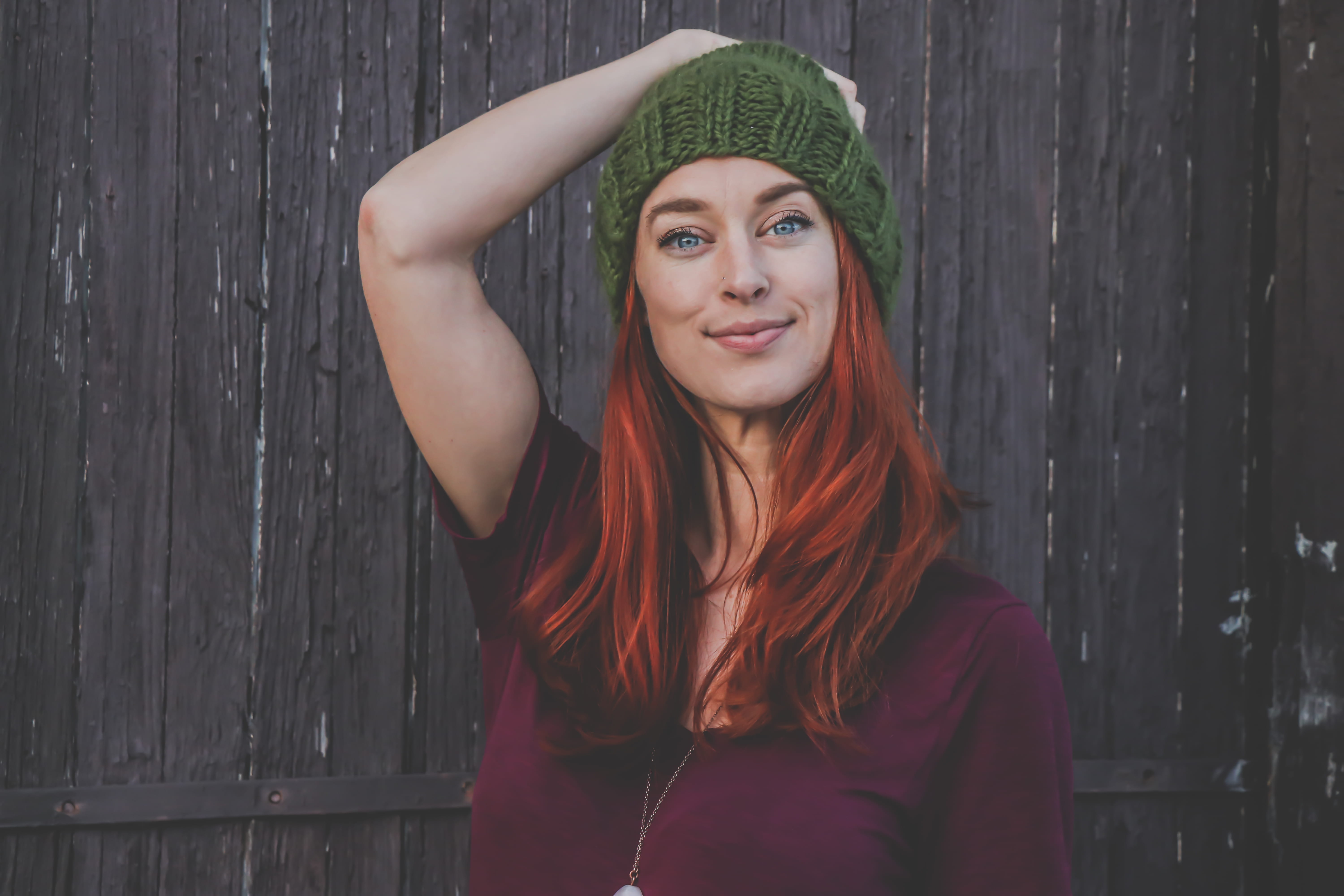 pose, female, young women, real people, red, lady, beanie, hairstyle, standing, long hair, woman, waist up, beauty, close-up, blue eyes, outdoors, photoshoot, HD Wallpaper