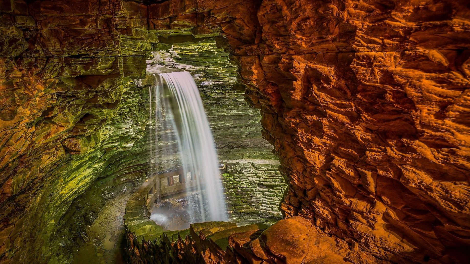 long exposure, cave, waterfall, path, 1080P, nature, rock, stones, HD Wallpaper