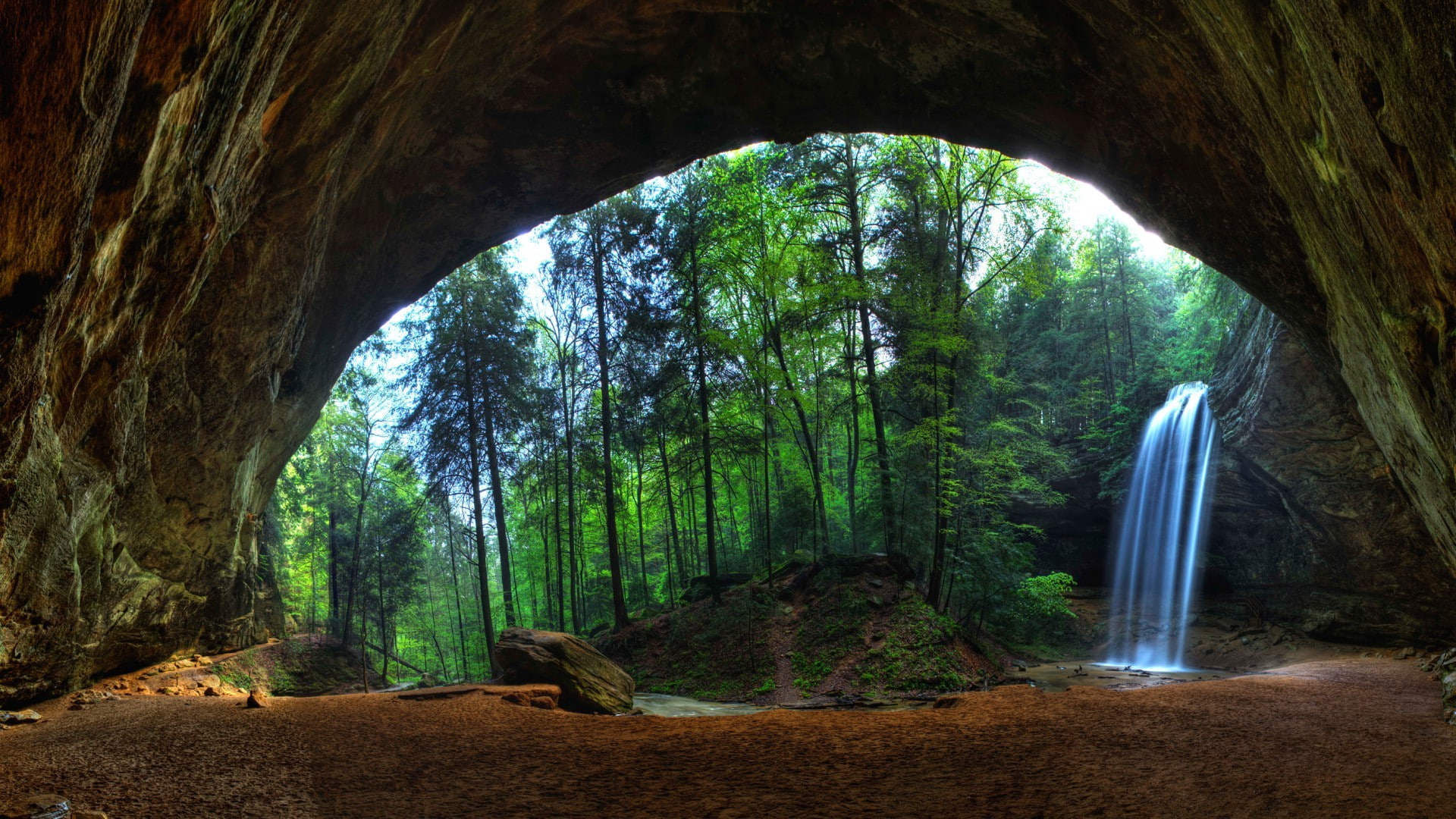 architecture, arch, plant, rock - object, land, travel destinations, tranquility, nature landscape trees forest waterfall cave long exposure sand rock stream stones, HD Wallpaper
