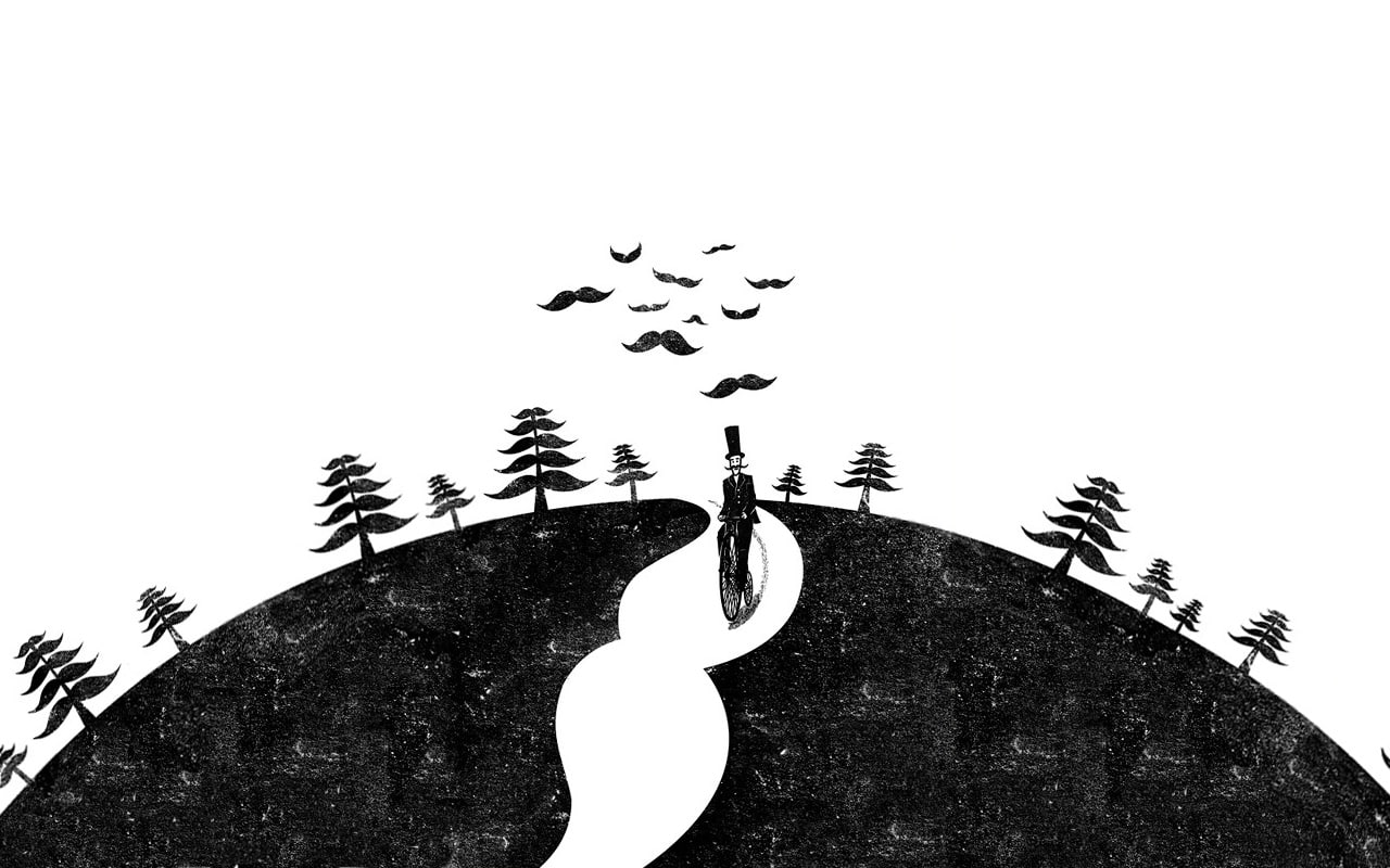 trail, digital/artwork, mustache, 720P, path, hd, bw, bicycle, HD Wallpaper