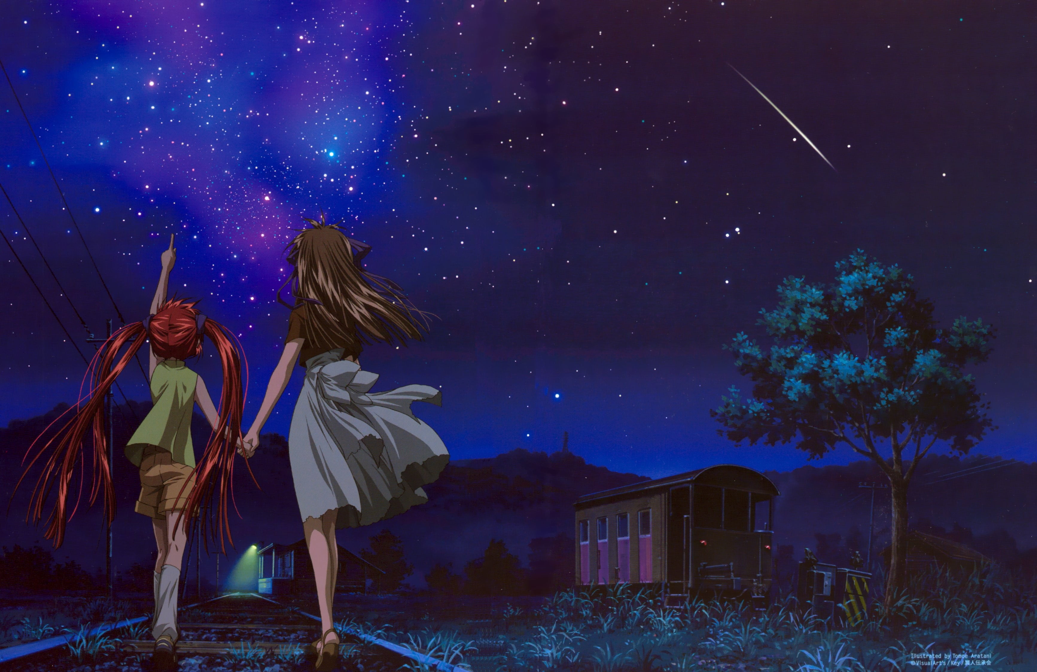 women, standing, scenics - nature, night, digital composite, star, star - space, sky, anime girls, anime, people, astronomy, outdoors, tree, nature, milky way, HD Wallpaper