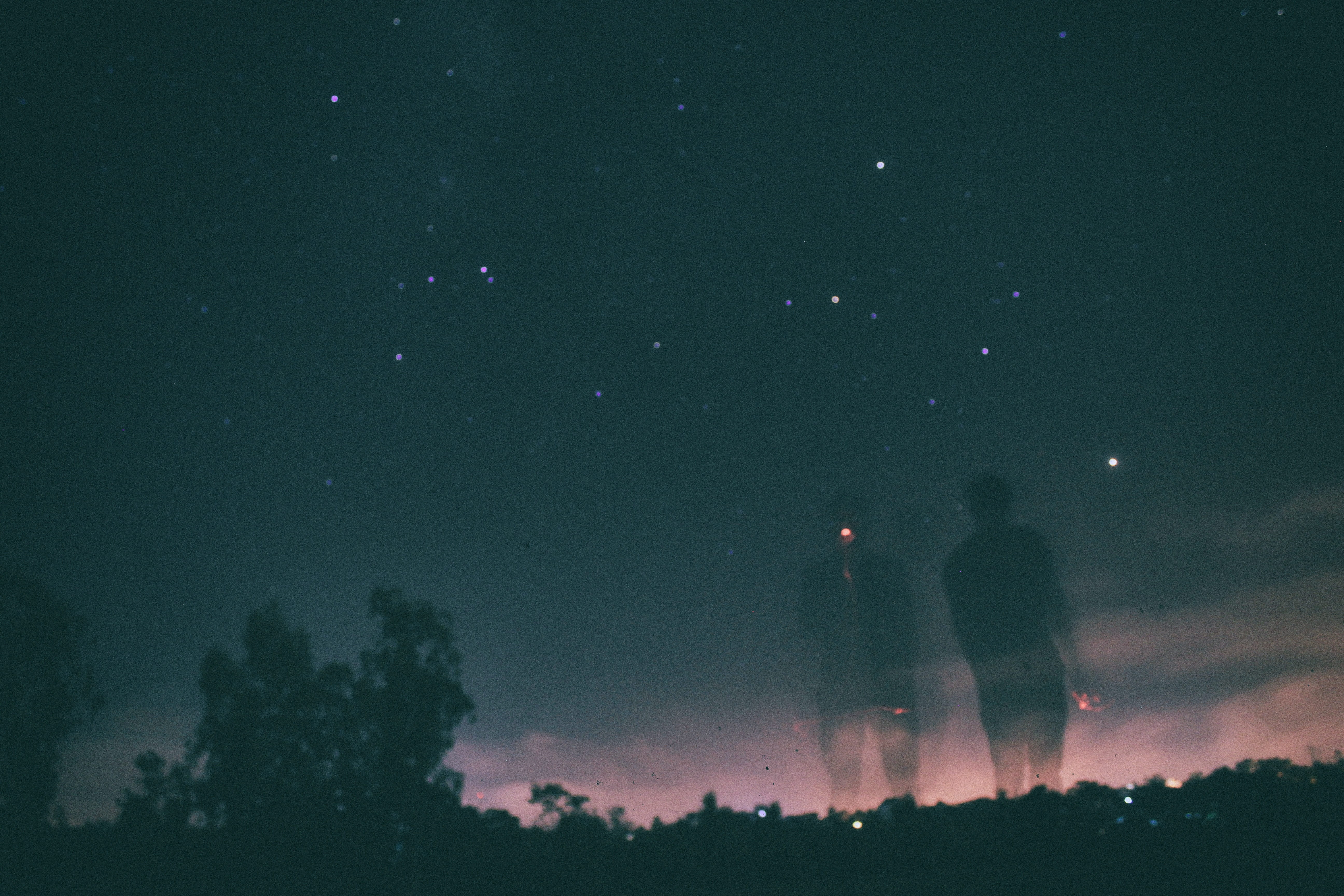 alone, illuminated, rear view, sky, standing, silhouette, outdoors, night, togetherness, clouds, men, two people, 5K, adult, star - space, tree, dark, HD Wallpaper