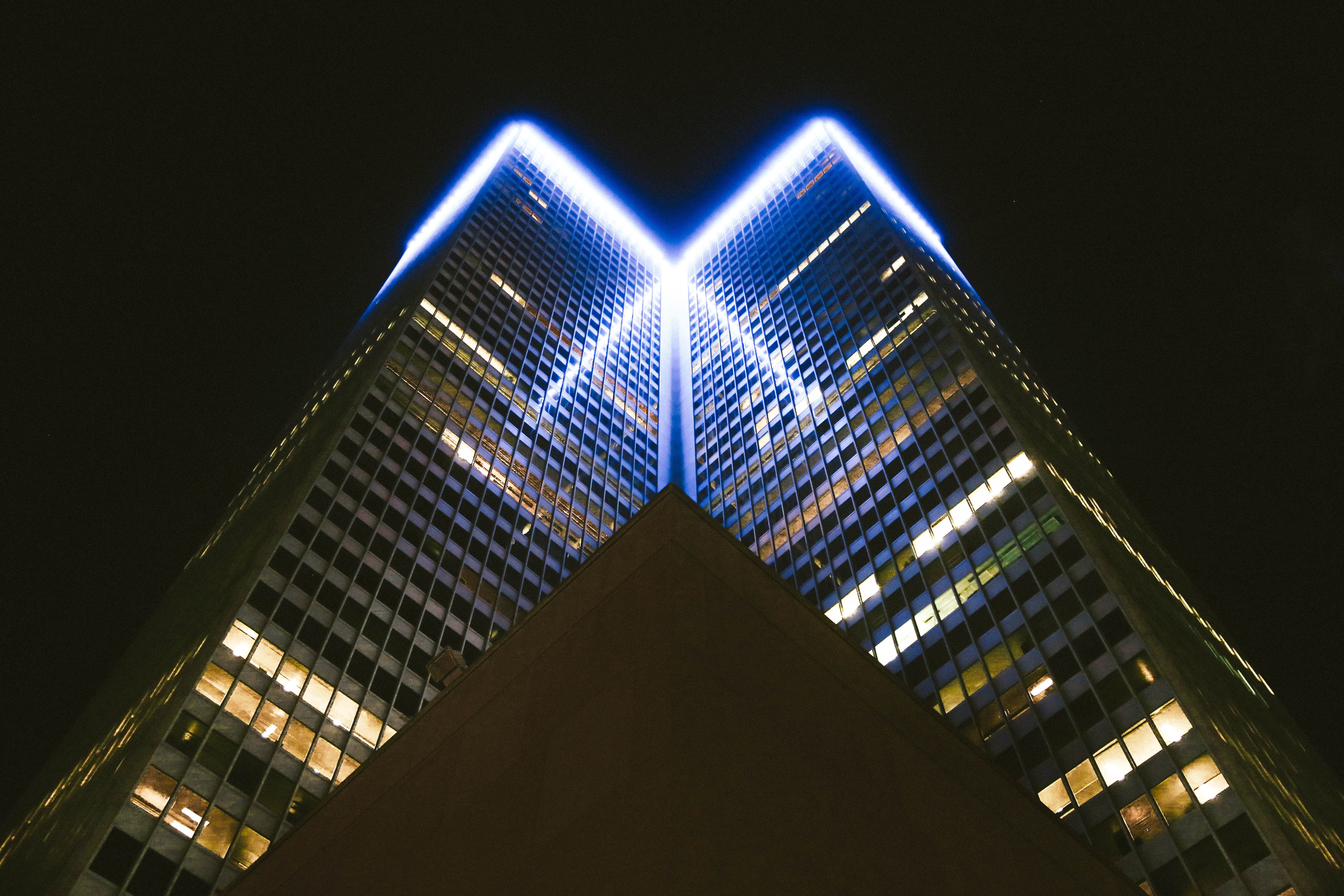 triangle shape, shape, architecture, no people, sky, tower, building exterior, skyscraper, 5K, low angle view, building, montreal, travel destinations, HD Wallpaper