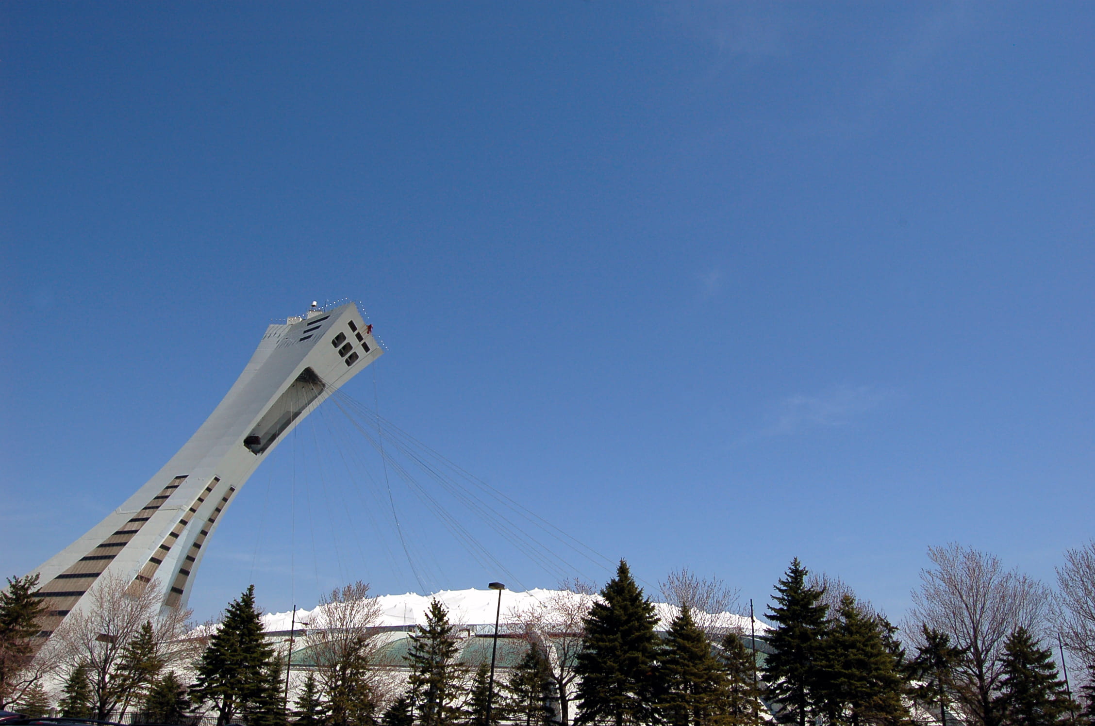sunny, plant, nature, pine trees, architecture, stadium, big o, mtl, big sky, built structure, montreal, winter, day, travel, building exterior, clear sky, HD Wallpaper