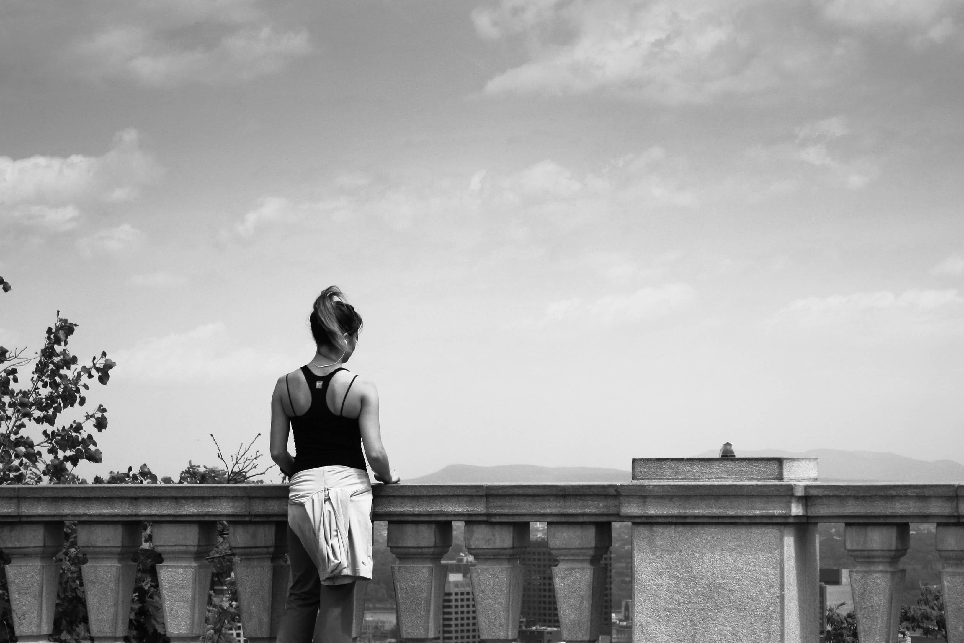 rear view, mountain, outdoors, balustrade, casual clothing, day, sky, montréal, looking at view, leisure activity, building exterior, railing, cloud - sky, HD Wallpaper