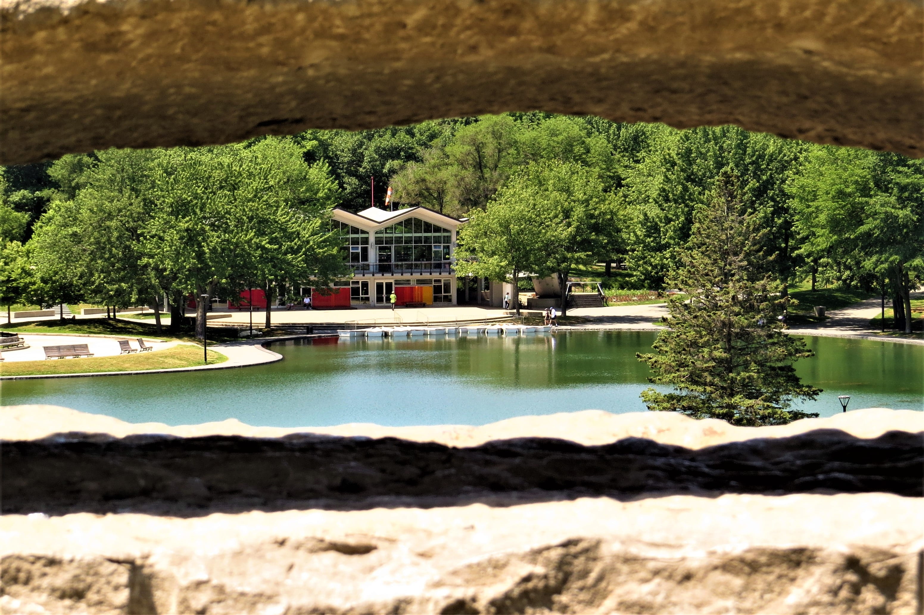 building exterior, waterfront, plant, 2K, landscape, day, water, outdoors, tranquility, mont-royal, panorama, montreal, architecture, reflection, quebec, HD Wallpaper