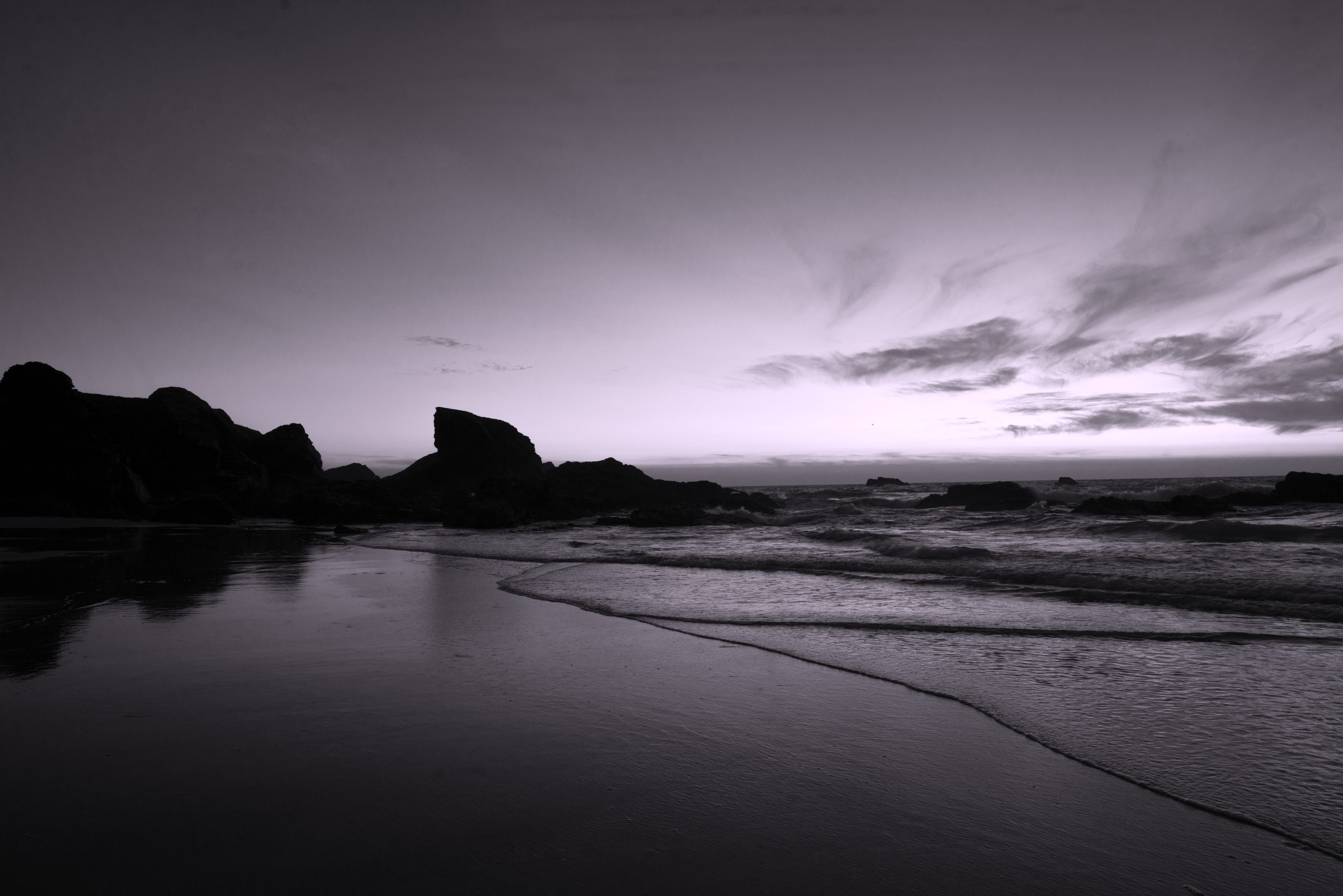 nature, silhouette, coast, tranquil scene, tide, sky, sand, waterscape, body, solid, rock, cloudy, motion, water, cloud - sky, storm, photo, black and white, HD Wallpaper