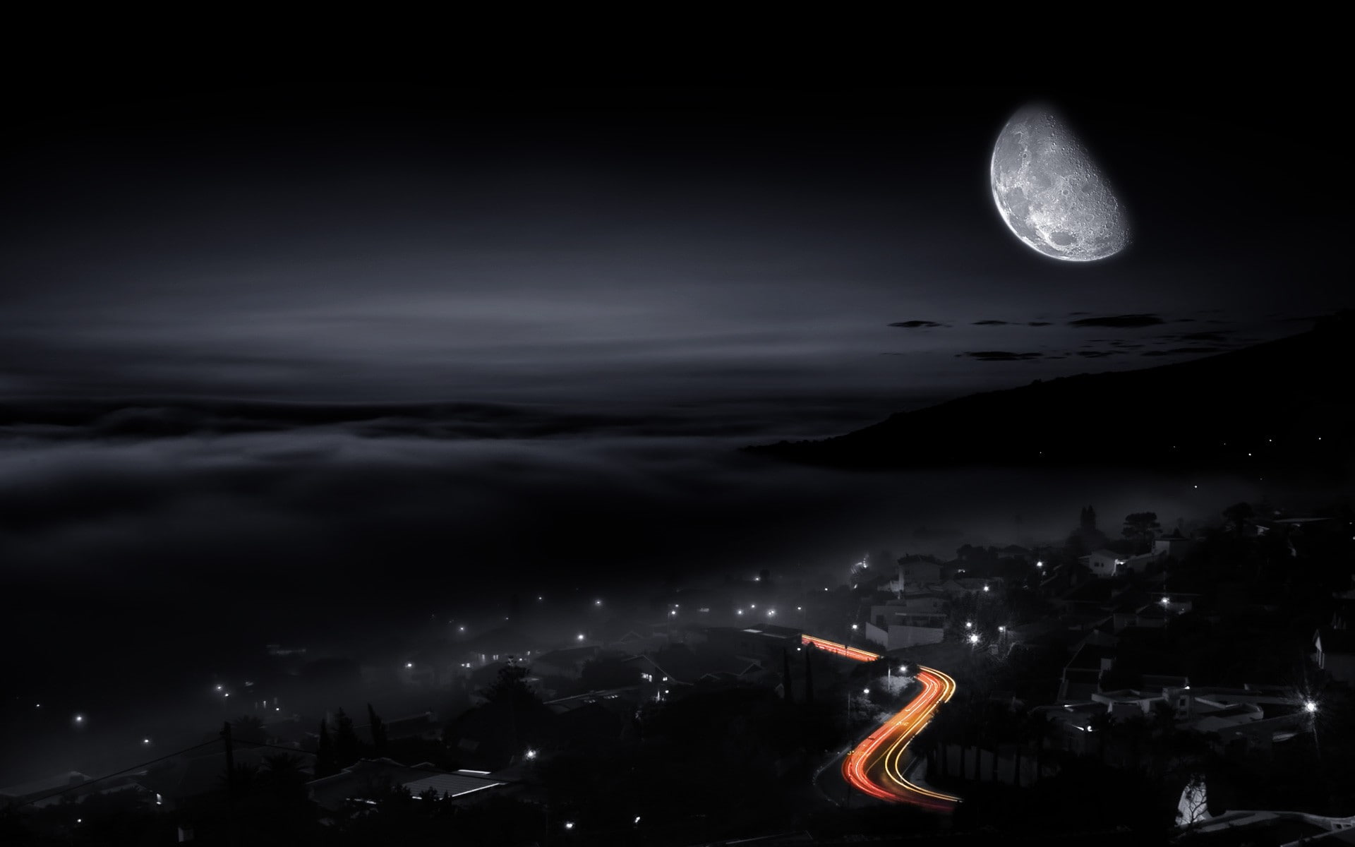 night, lights, astronomy, digital composite, outdoors, moonlight, architecture, city, cloud - sky, environment, Moon, sky, built structure, full moon, scenics - nature, HD Wallpaper